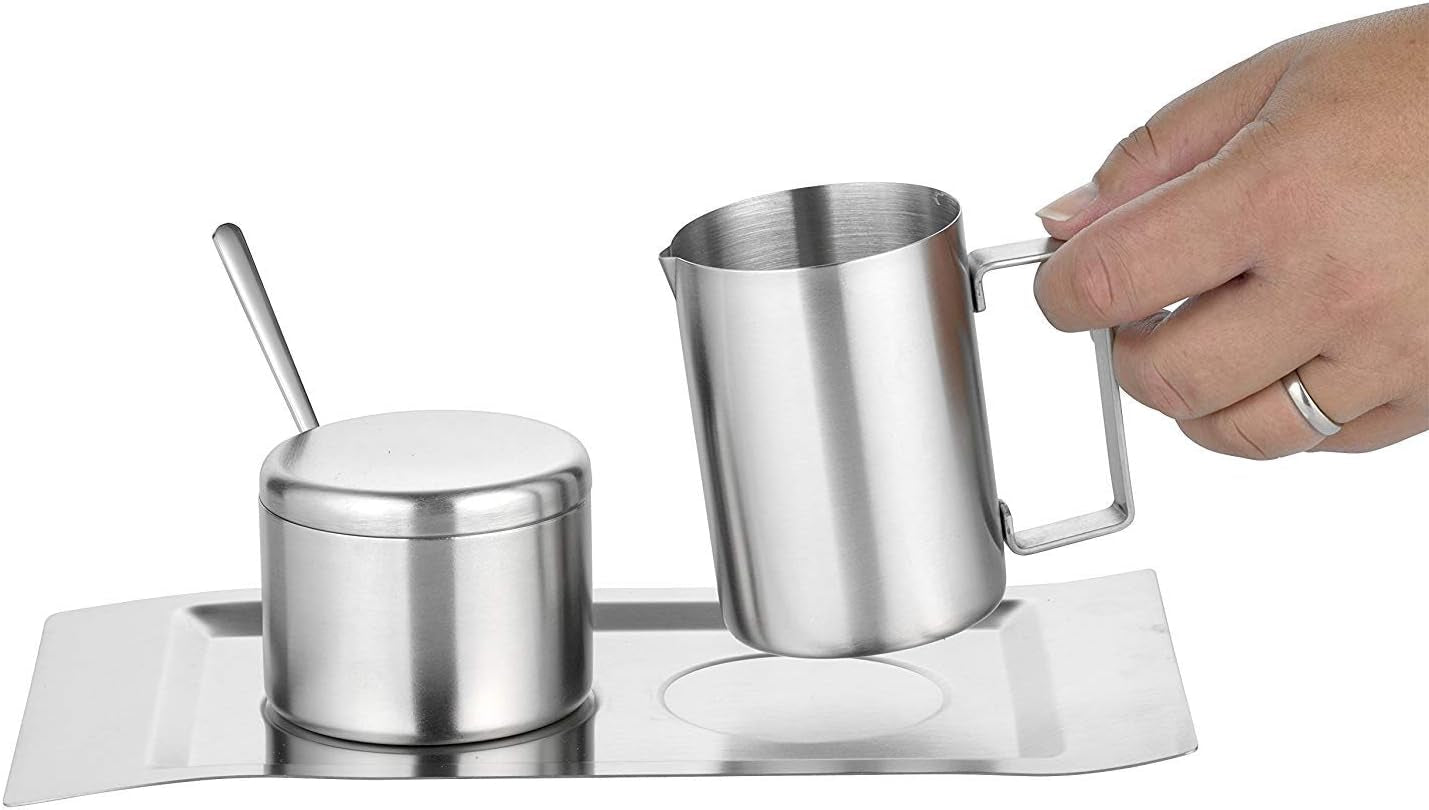 Juego de 4 recipientes para leche y azúcar, modelo Wave, 400-1655, fabricados en acero inoxidable 18/10 cepillado. El set consta de una bandeja de cada uno.