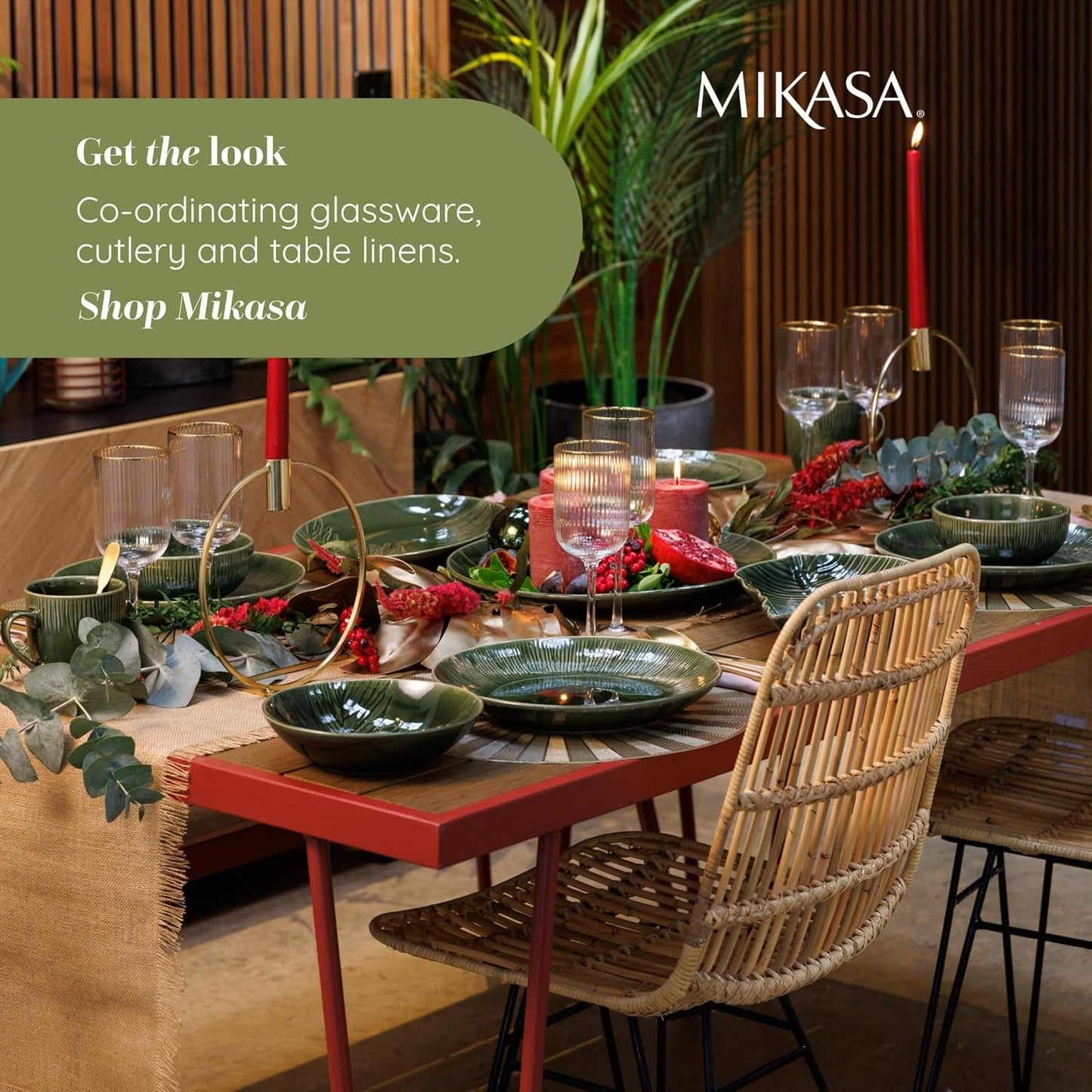 Mikasa Jardin Vajilla de gres de 12 piezas, vajilla para 4 personas con platos, guarniciones y cuencos, verde - Caja de regalo y apta para lavavajillas