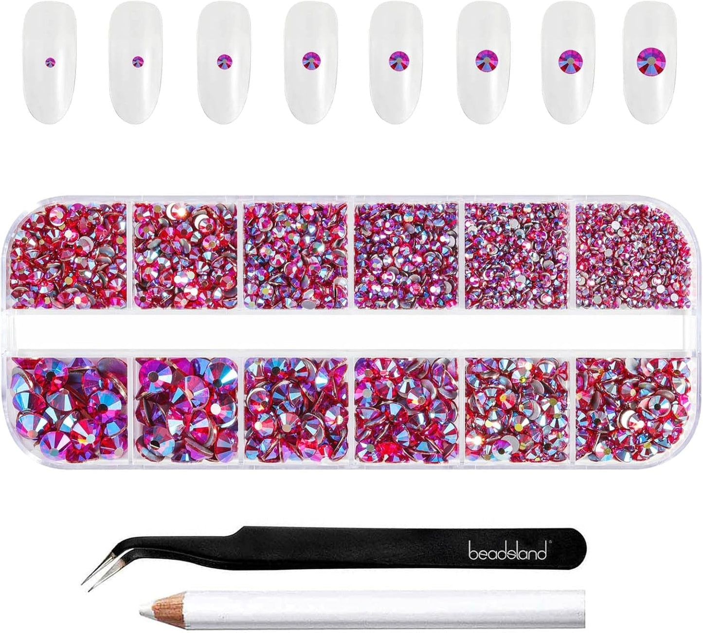 Beadsland 2500 piezas de piedras de cristal para decoración de uñas con parte trasera plana, piedras preciosas para trabajos manuales de 8 tamaños SS4 ~ SS30 con pinzas y puntas (Kristall Weiss)