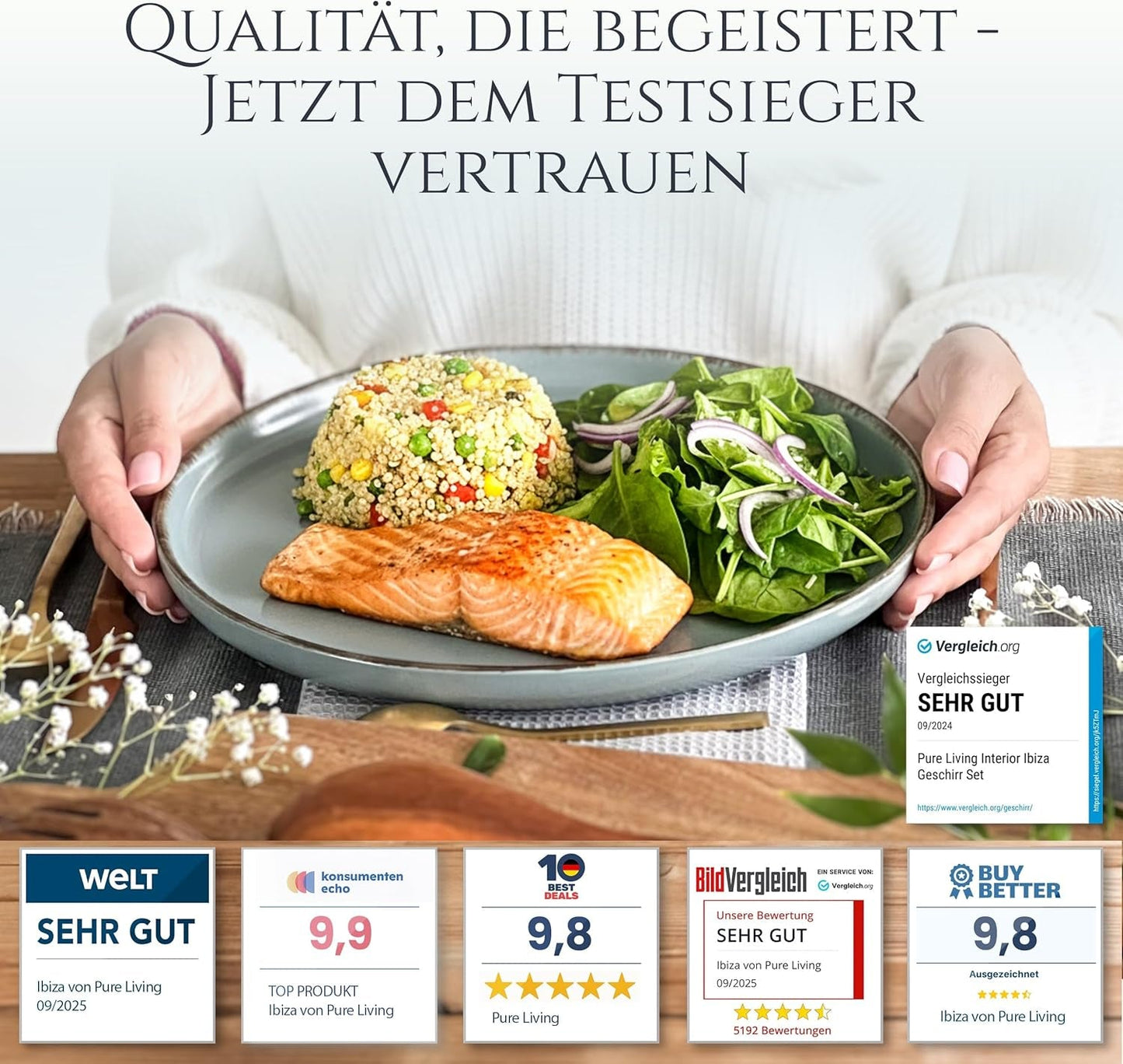 Steingut Geschirrset 6 Personen Rústico 24 tlg. TESTSIEGER, Hochwertiges Landhaussttil Steingut Geschirr Set, Schüssel- und Teller Set, Tafelservice 6 Personen, Geschirrsets Pure Living in Rauchblau