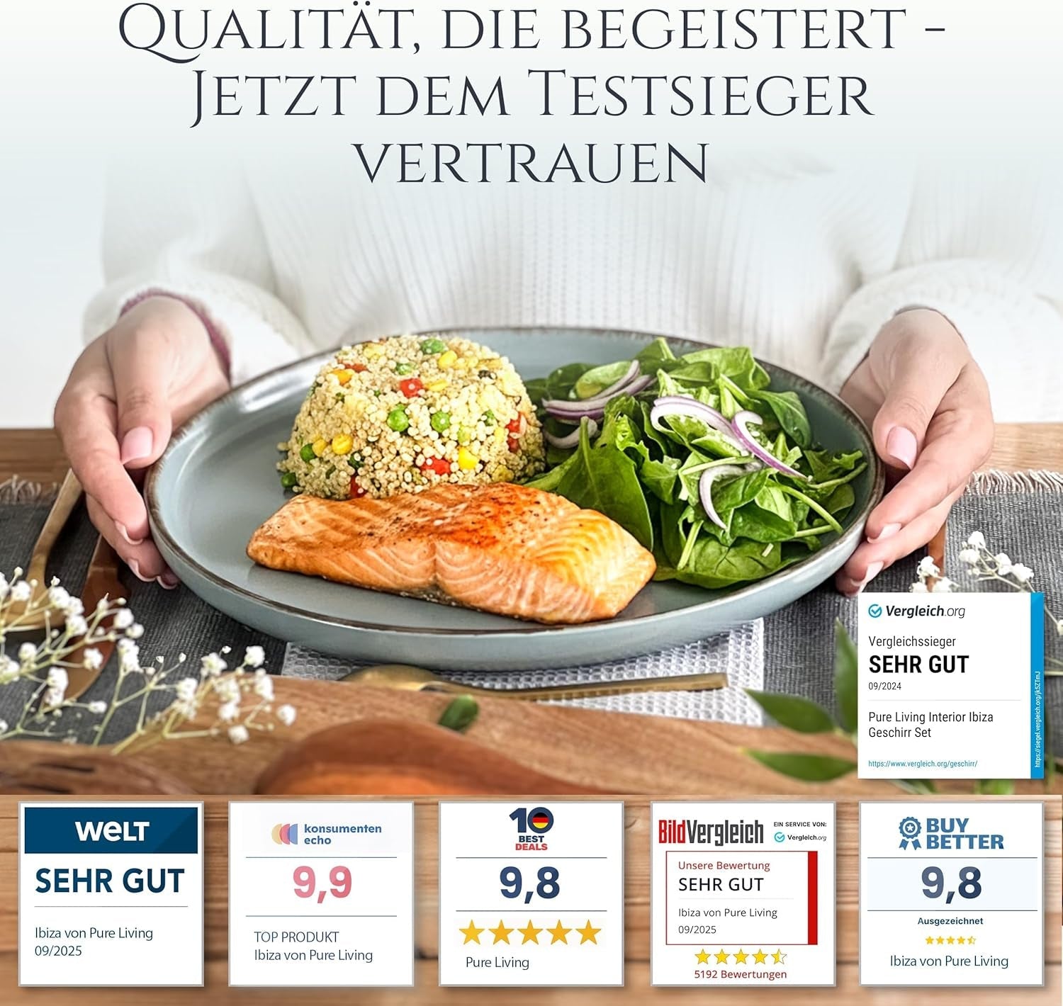 Steingut Geschirrset 6 Personen Rústico 24 tlg. TESTSIEGER, Hochwertiges Landhaussttil Steingut Geschirr Set, Schüssel- und Teller Set, Tafelservice 6 Personen, Geschirrsets Pure Living in Rauchblau
