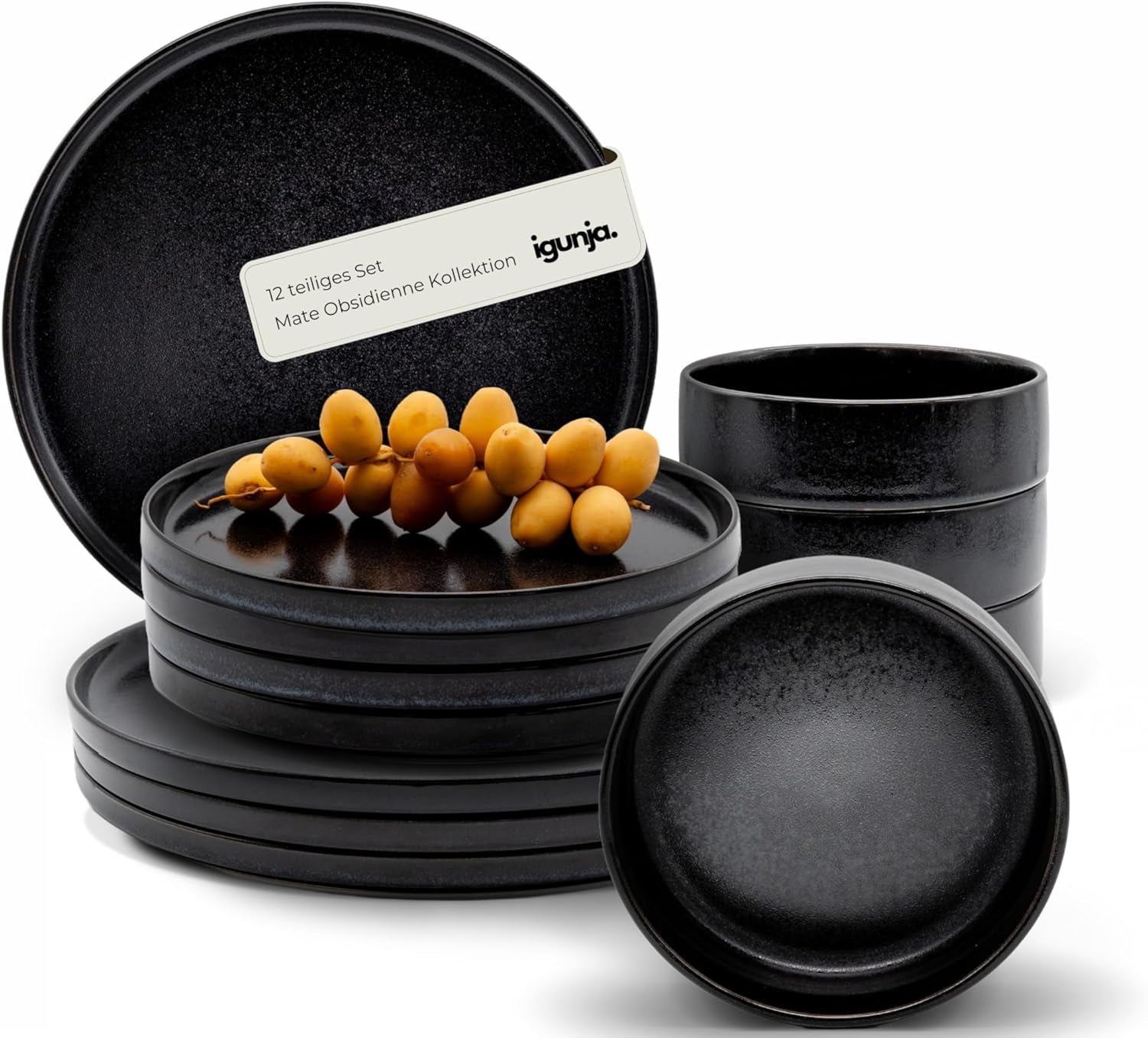 Juego de Platos y Tazones de Vajilla de Gres Negro [12 Piezas para 4 Personas] Juego de Vajilla Negra 100% Hecha a Mano con Esmalte Reactivo de Primera Calidad