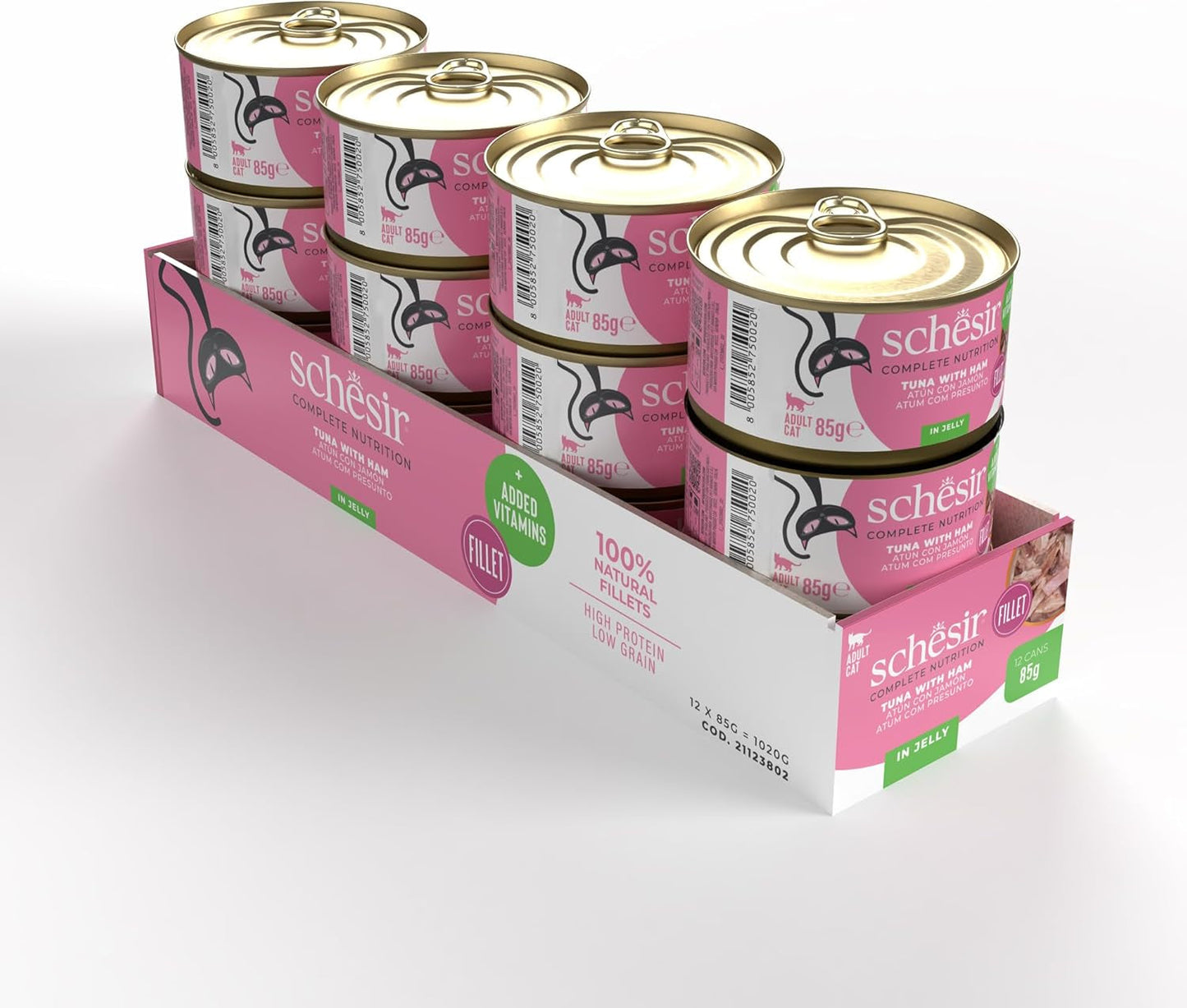 Atún con jamón en gelatina, comida húmeda para gatos, en lata, 100% natural, con vitaminas añadidas, 12 x 85g