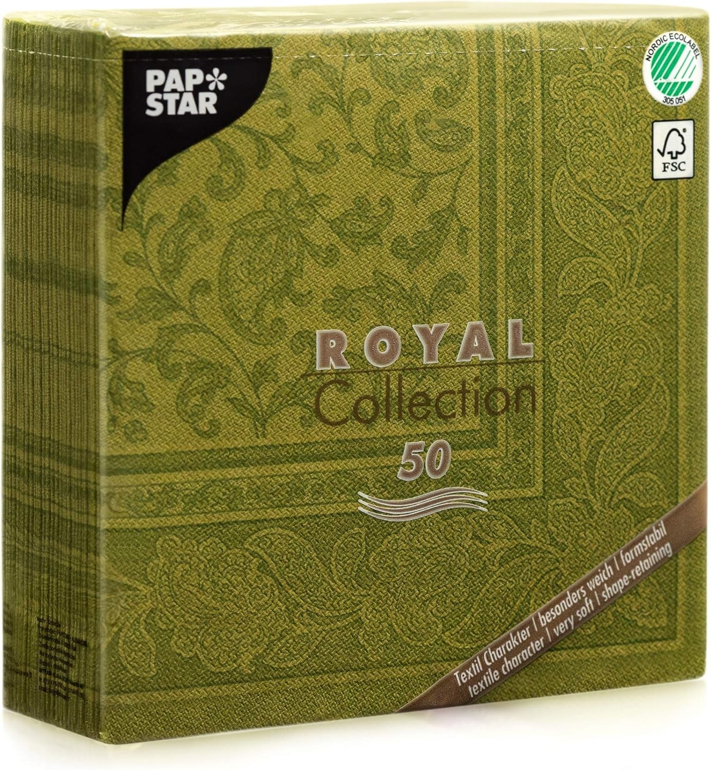 Papstar, 50 servilletas "ROYAL Collection" pliegue 1/4 40 Cm X 40 Cm verde oliva "Adornos", #81746