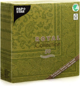 Papstar, 50 servilletas "ROYAL Collection" pliegue 1/4 40 Cm X 40 Cm verde oliva "Adornos", #81746