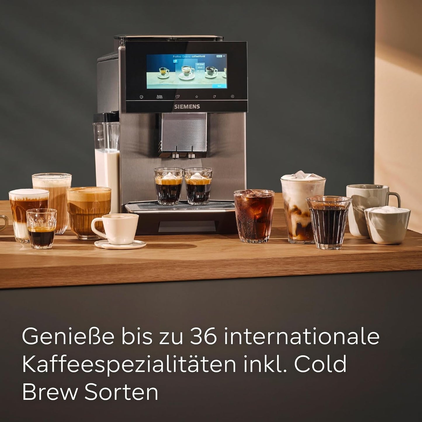 Cafetera espresso automática Siemens EQ900, pantalla grande TFT a color, 2 recipientes de granos, 36 bebidas frías y calientes, café frío, súper silenciosa, función dos tazas, control mediante aplicación, acero inoxidable, TQ907D03