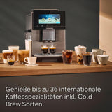 Cafetera espresso automática Siemens EQ900, pantalla grande TFT a color, 2 recipientes de granos, 36 bebidas frías y calientes, café frío, súper silenciosa, función dos tazas, control mediante aplicación, acero inoxidable, TQ907D03