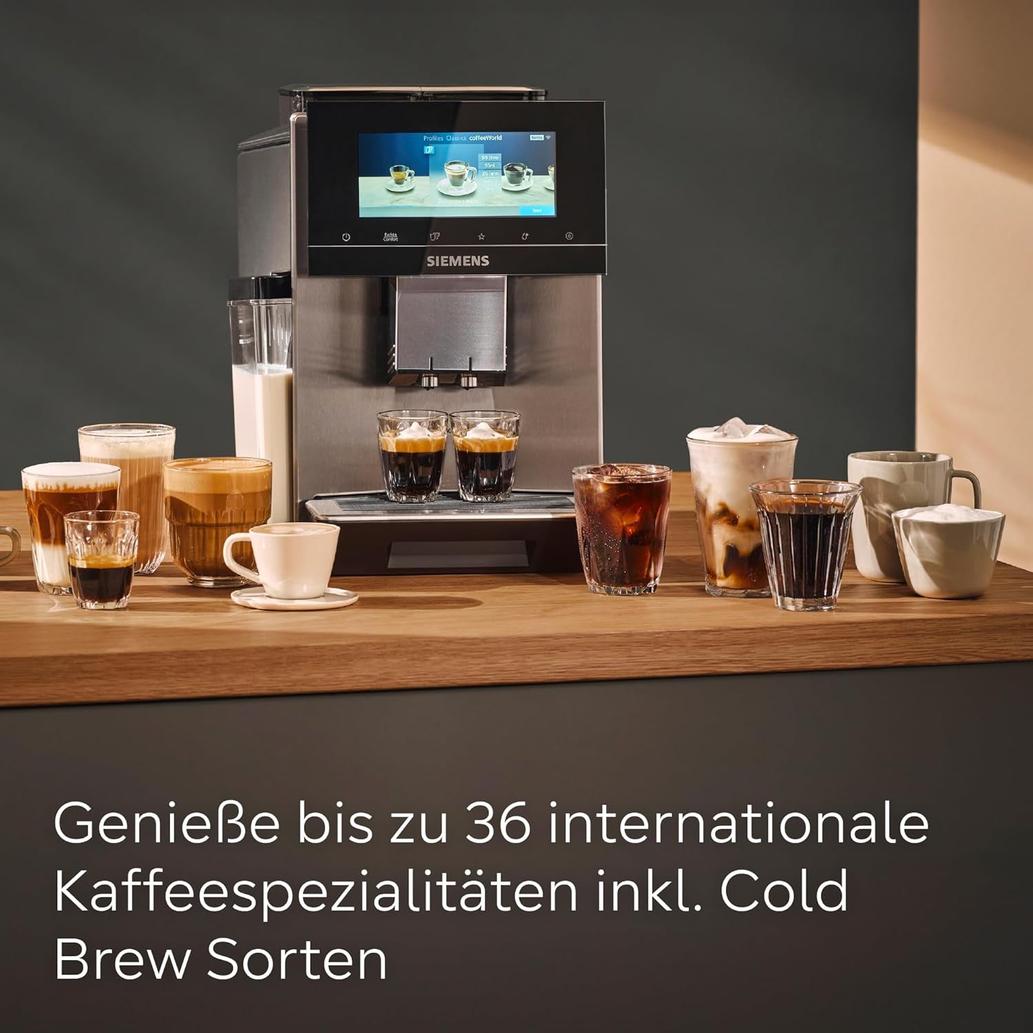 Cafetera espresso automática Siemens EQ900, pantalla grande TFT a color, 2 recipientes de granos, 36 bebidas frías y calientes, café frío, súper silenciosa, función dos tazas, control mediante aplicación, acero inoxidable, TQ907D03