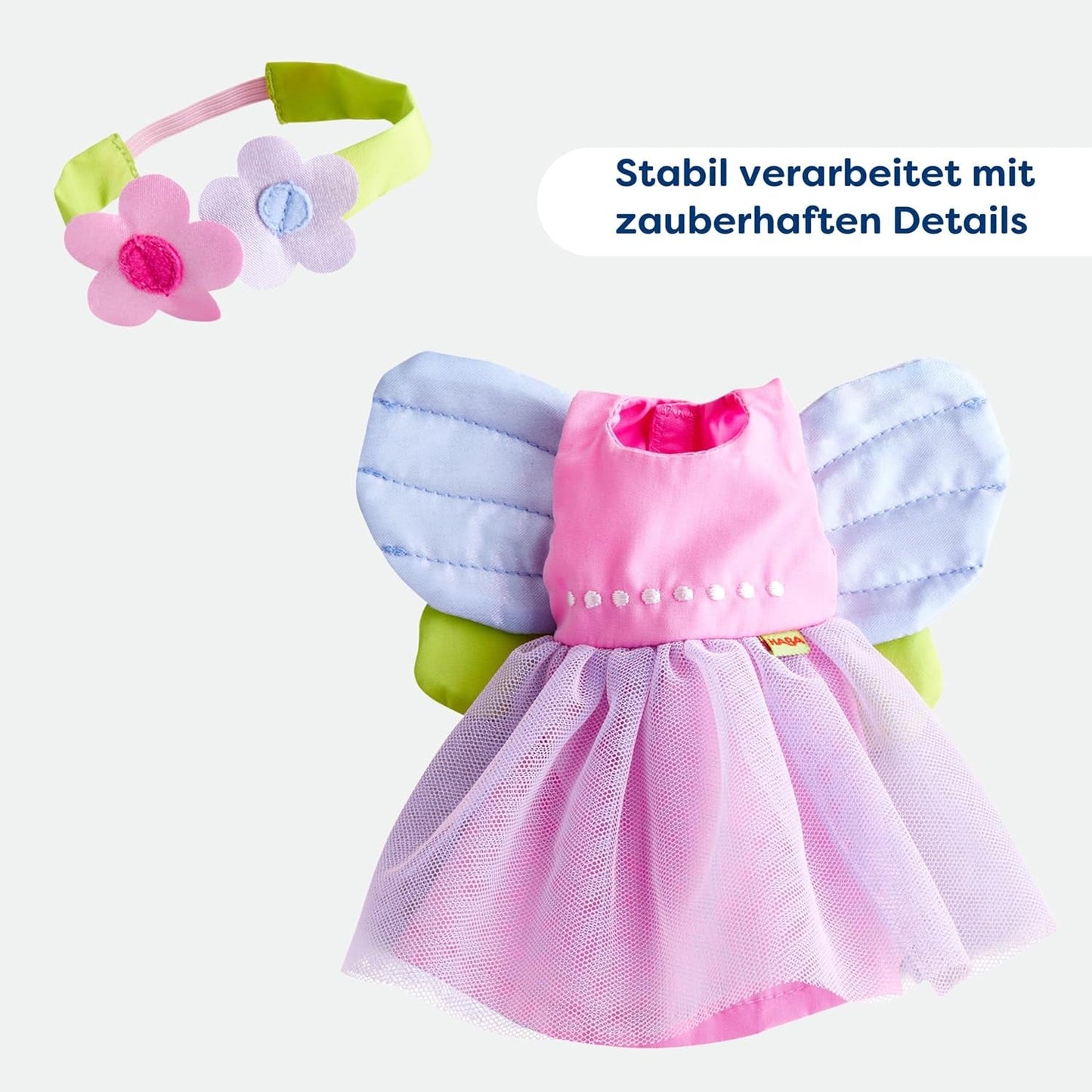 HABA Ropa para muñecas Fairy Magic - Juego de 2 piezas para muñecas de 18 meses en adelante (30 cm) - Vestido de tul con alas, diadema de flores incluida - 1306243001