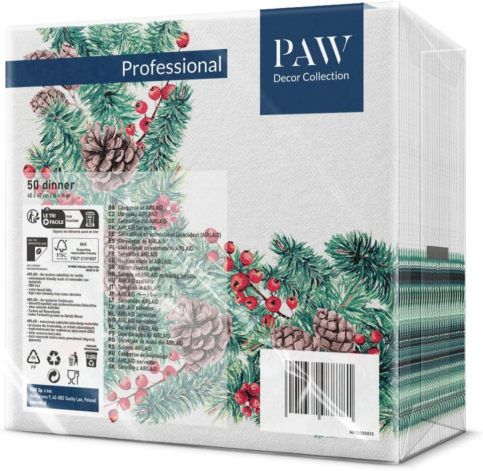 PAW - Servilletas Airlaid (40 X 40 Cm) I 50 Piezas I Perfectas para Navidad, Invierno, Vacaciones I Decoración de Mesa de Nochebuena I Servilletas Airlaid de Tela Ramas de Invierno I Ramas de Invierno