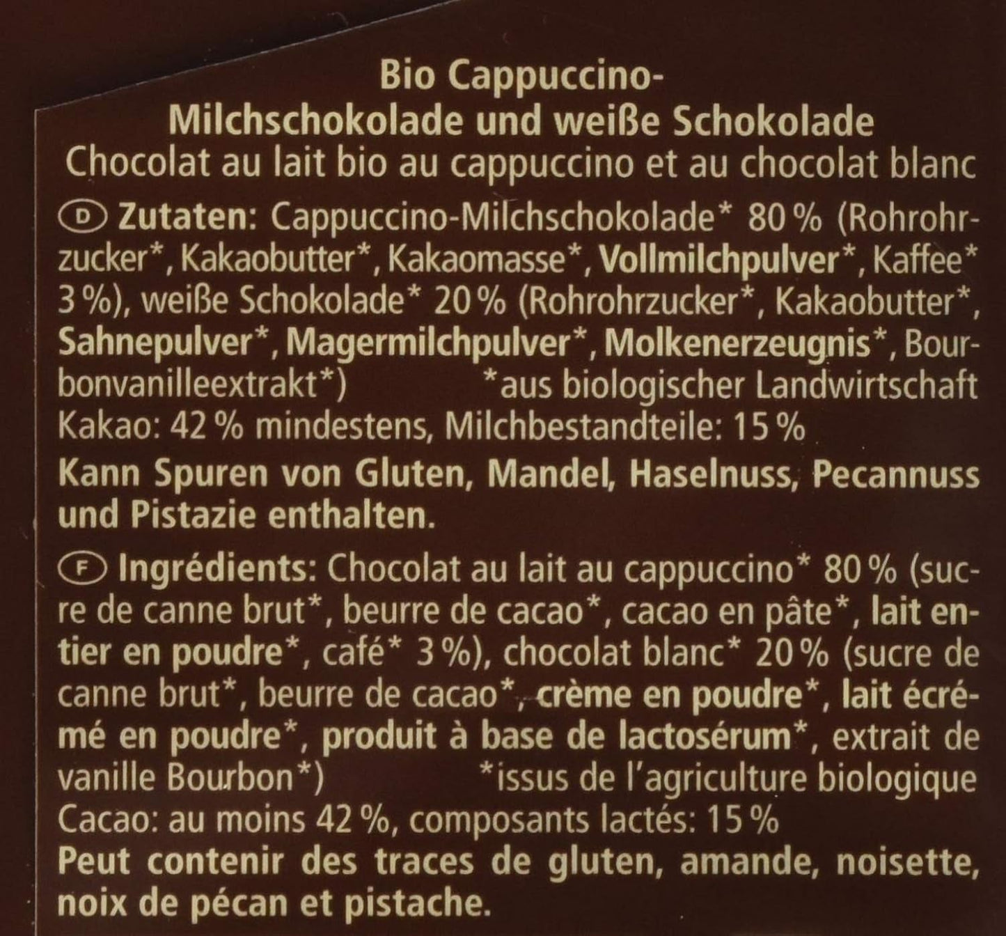 Chocolate orgánico relleno de capuchino, 100g