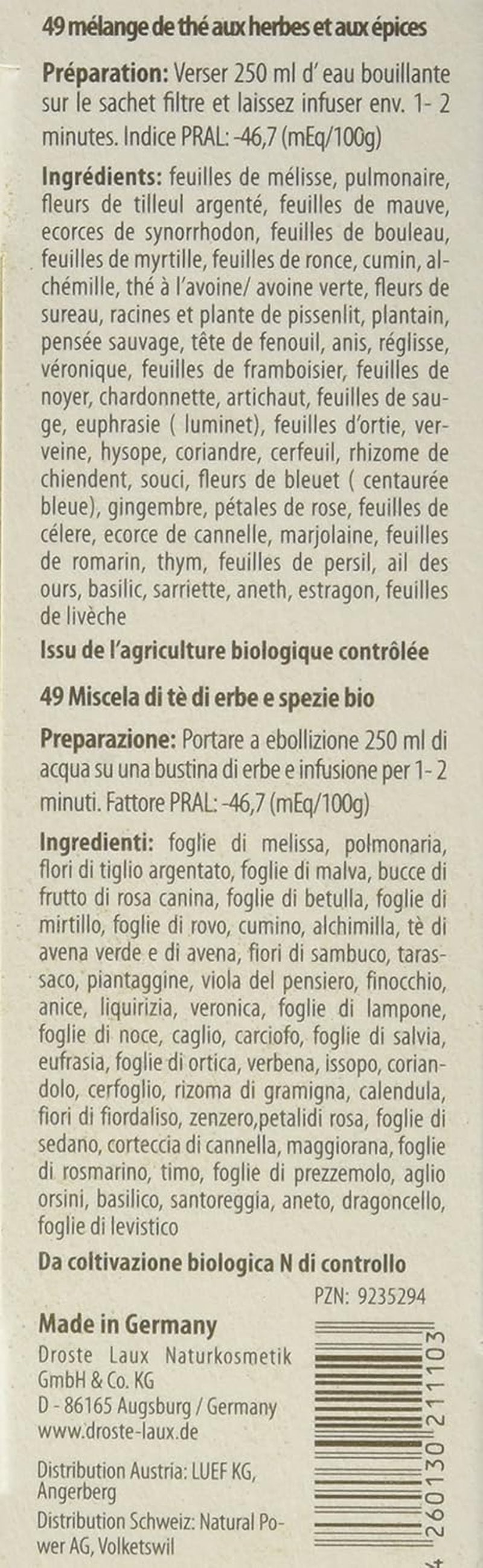 Té básico Droste-Laux con 49 hierbas, 25 piezas (té de hierbas, bolsas filtrantes, té en ayunas o dietético) 120501