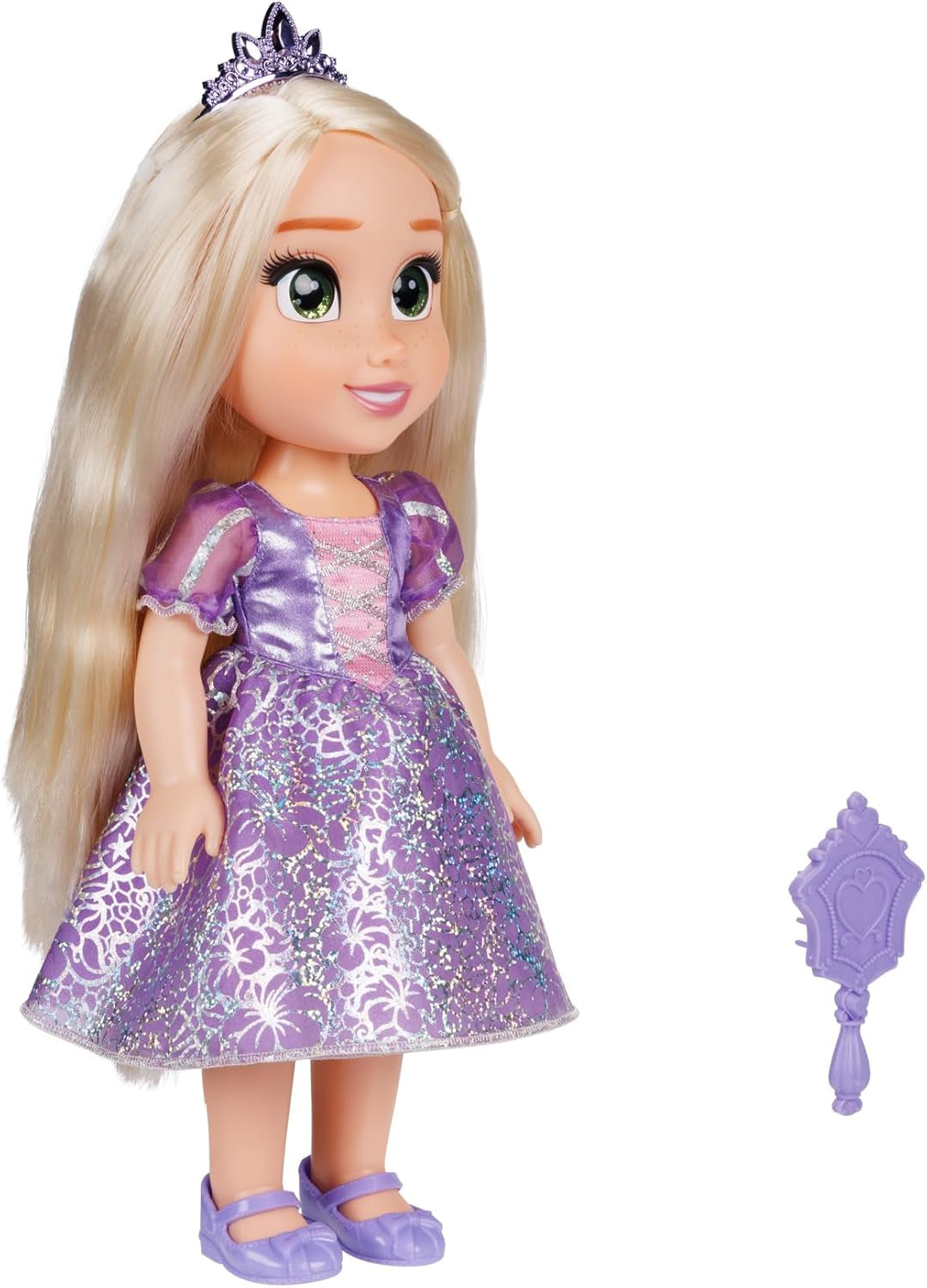 Disney Princess Rapunzel Muñeca de 35 cm, Ojos con Purpurina Reflectante, Articulaciones móviles, Vestido Desmontable, Zapatos, Corona, Pelo Largo y Rubio, para niñas a Partir de 3 años
