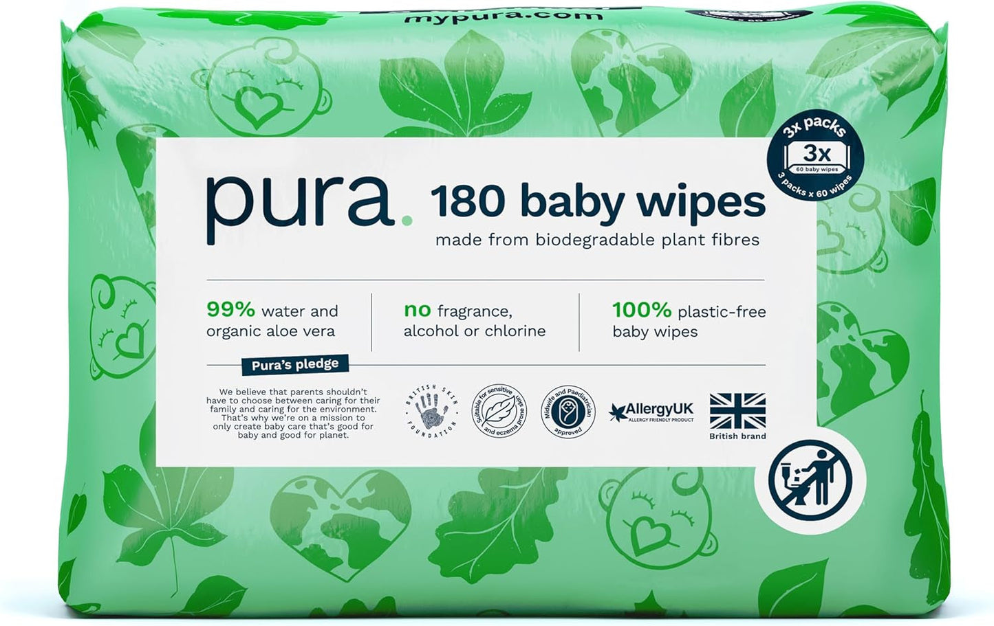 Toallitas desechables ecológicas para bebés para pieles sensibles del bebé 70 toallitas (1 paquete) 99% de agua 100% sin plástico para pieles sensibles Recién nacidos propensos al eccema Biodegradables Veganos