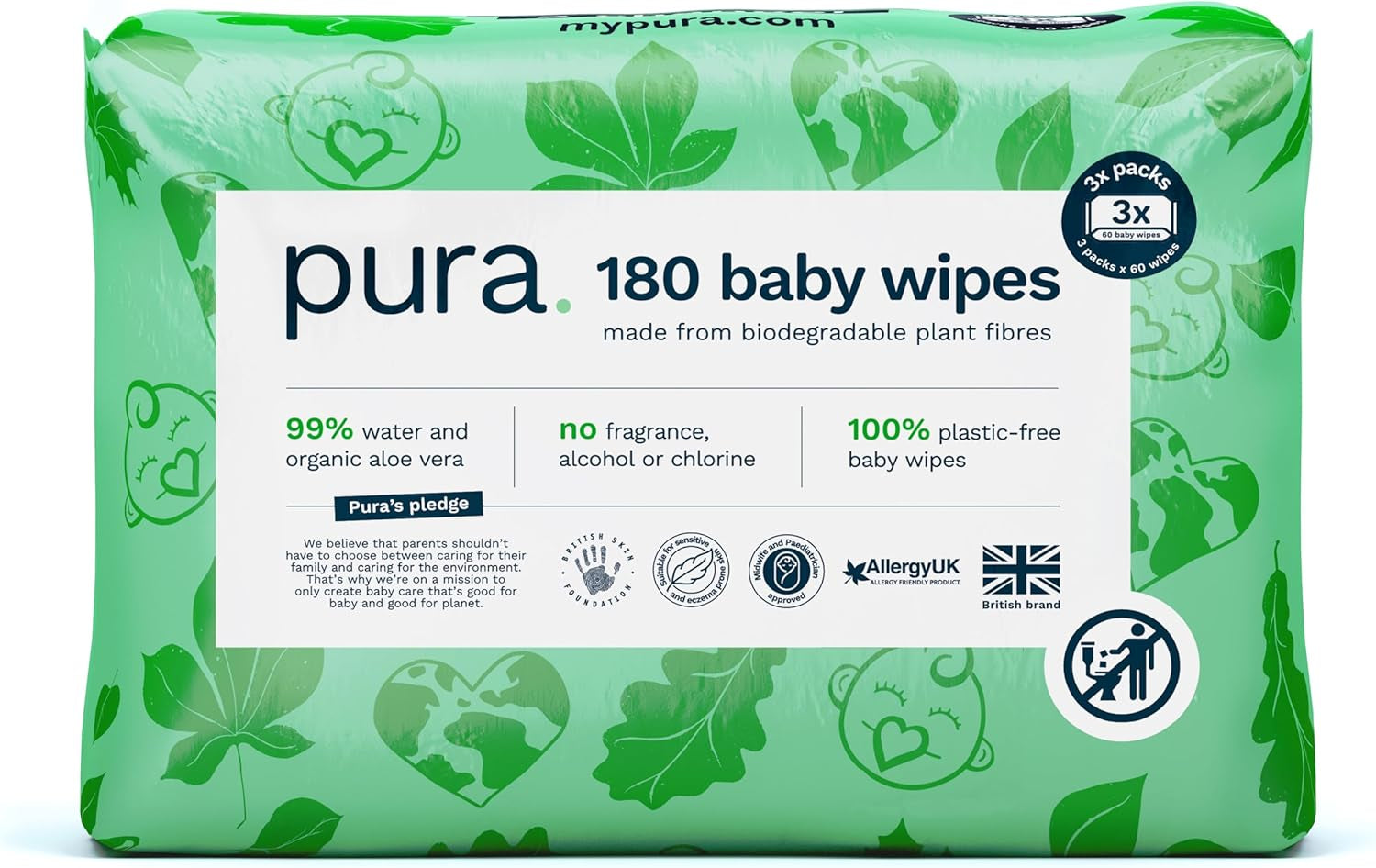 Toallitas desechables ecológicas para bebés para pieles sensibles del bebé 70 toallitas (1 paquete) 99% de agua 100% sin plástico para pieles sensibles Recién nacidos propensos al eccema Biodegradables Veganos