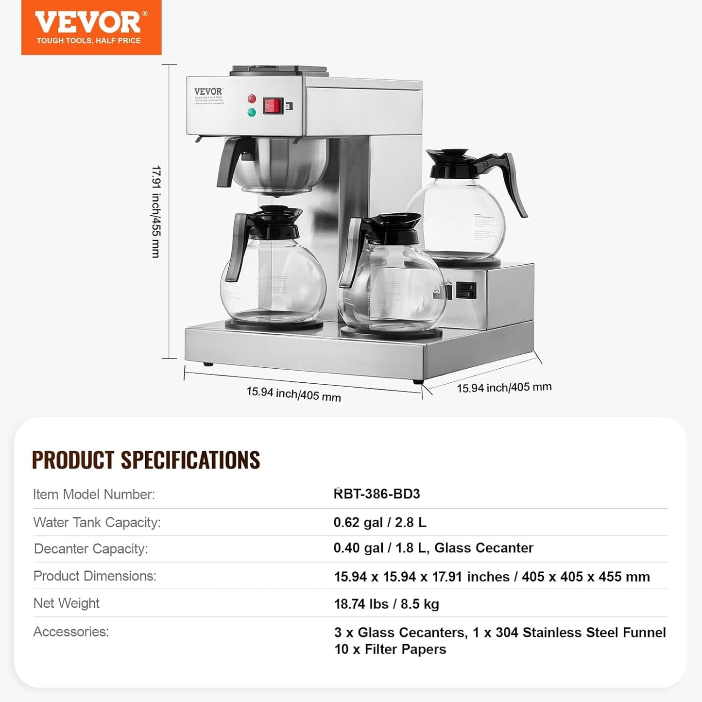 VEVOR Cafetera espresso comercial con filtro de 12 tazas con 3 garrafas de vidrio y 3 placas calefactoras Máquina de espresso de acero inoxidable con suministro automático de agua para restaurante, oficina, cafetería