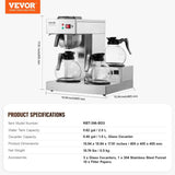 VEVOR Cafetera espresso comercial con filtro de 12 tazas con 3 garrafas de vidrio y 3 placas calefactoras Máquina de espresso de acero inoxidable con suministro automático de agua para restaurante, oficina, cafetería