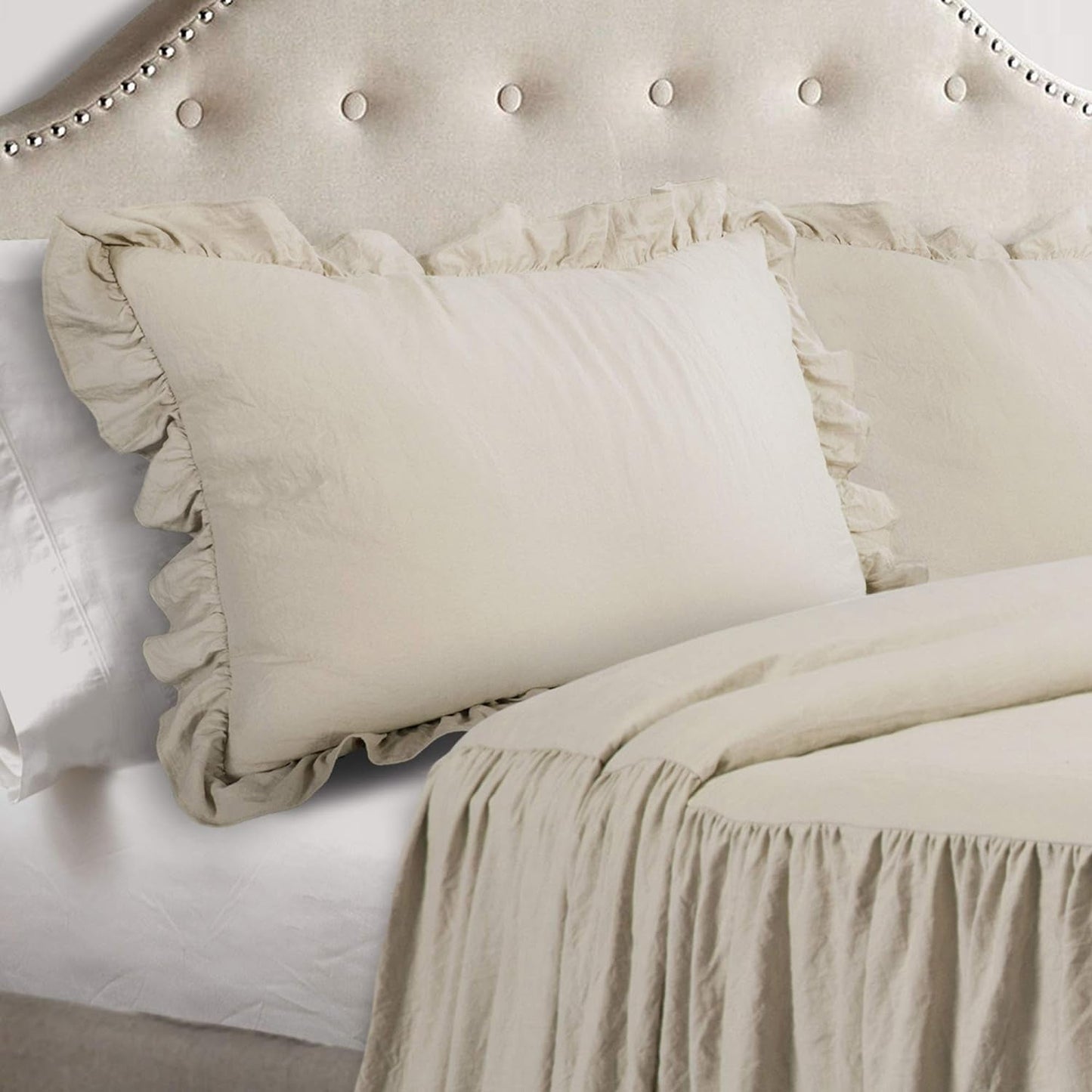 Lush Decor Juego de ropa de cama con falda de volantes de 3 piezas, juego de cama de lujo de granja, elegante y encantador detalle de volantes, estilo atemporal y diseño clásico, suave y liviano, tamaño King, camas y edredones de decoración exuberante