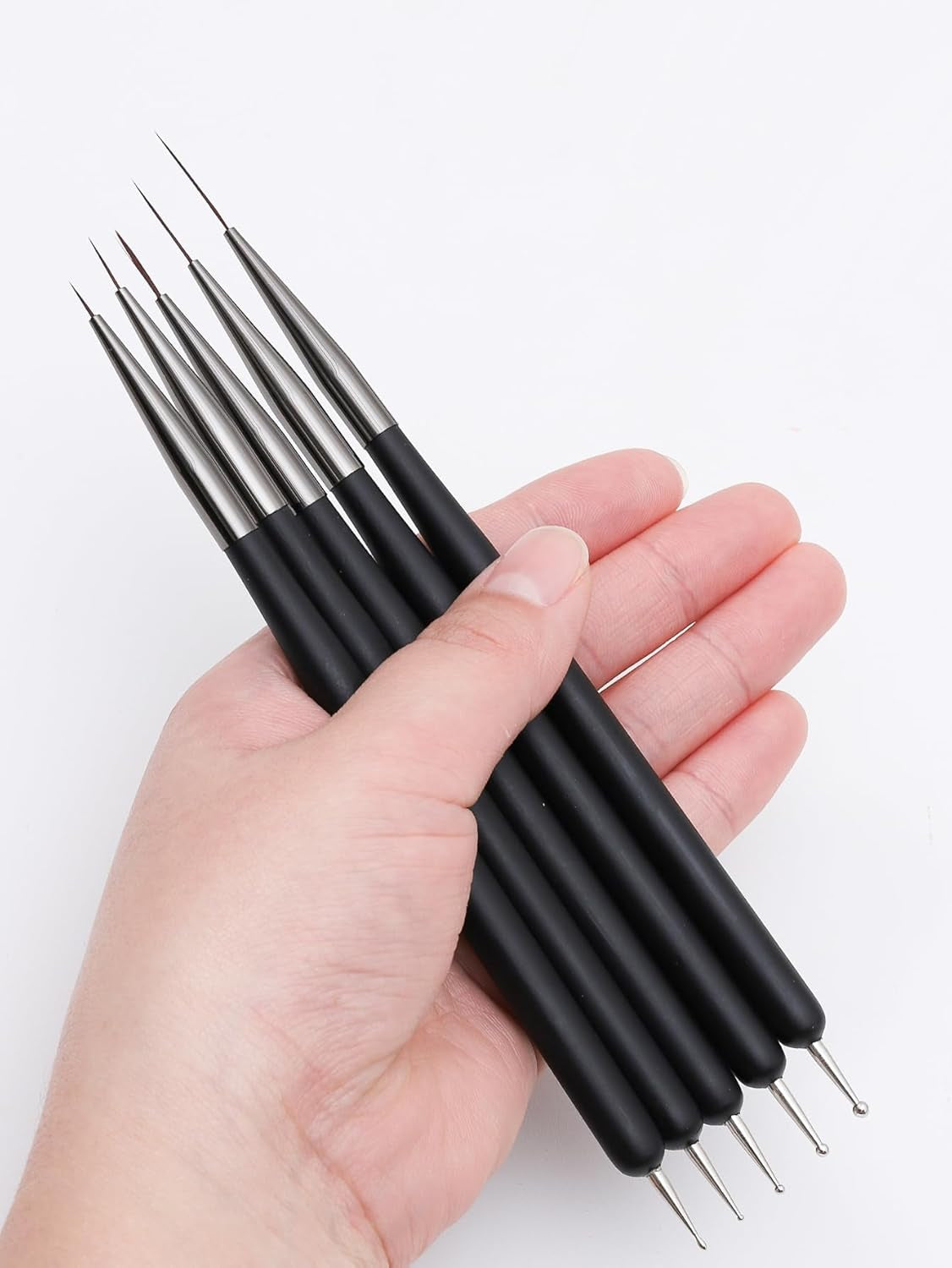 Nagelkunst-Pinsel, 5 piezas, Nailart-Pinsel, Punktierstift-Werkzeuge, Malkunst-Design-Pinsel-Set para Lange Linien, Dünne Details, Feine Zeichnungsgrößen 7/9/11/15/22 mm, negro