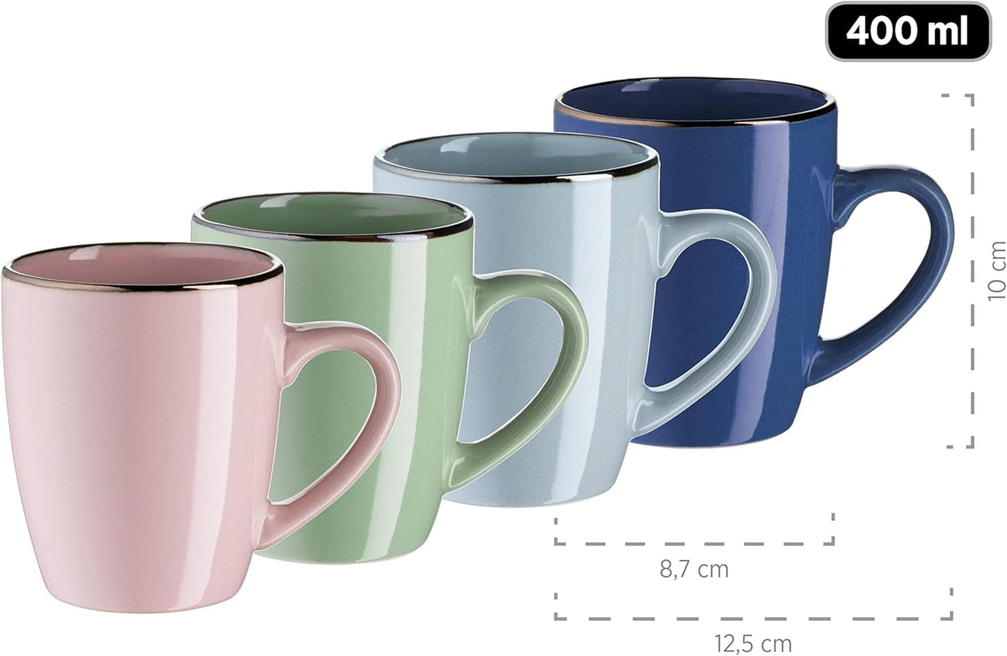 MÄSER 931870 Estructura de metal, Juego de vajilla moderno para 4 personas con estructura de color latón, juego combinado de 16 piezas con formas cupé sin marco, Multicolor, Gres, Pastel'n'Blue