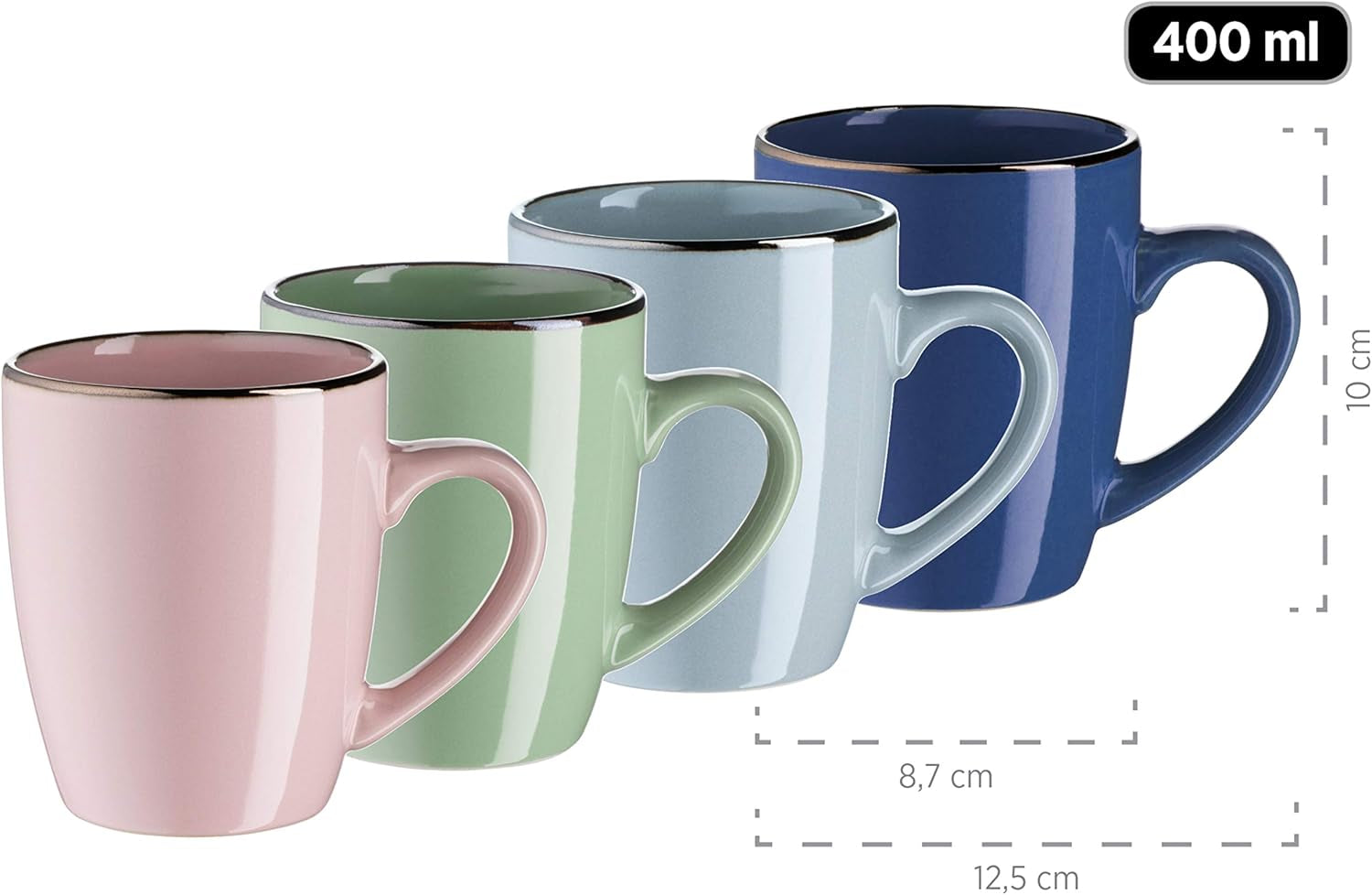 MÄSER 931870 Estructura de metal, Juego de vajilla moderno para 4 personas con estructura de color latón, juego combinado de 16 piezas con formas cupé sin marco, Multicolor, Gres, Pastel'n'Blue