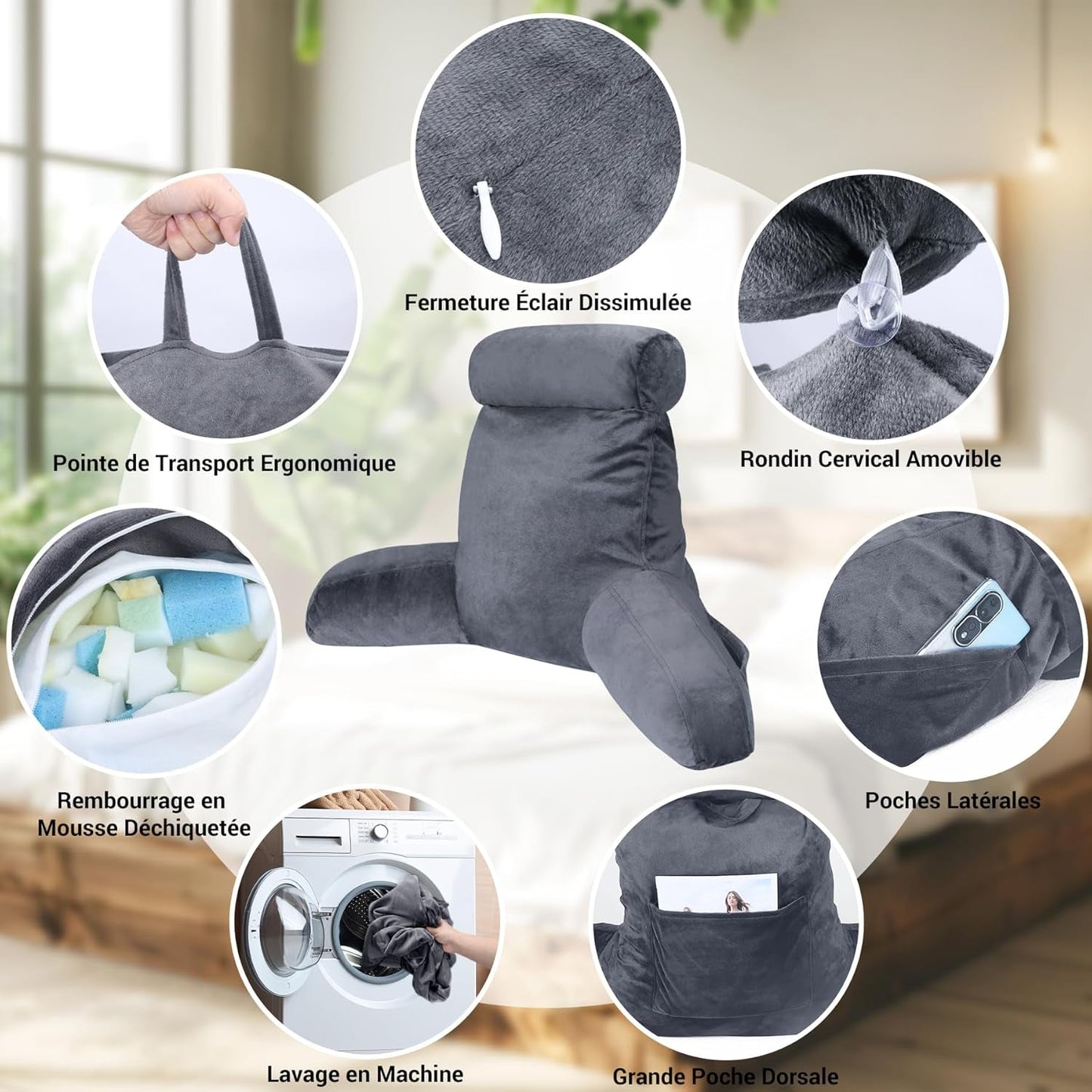 INFANTIA almohada de lectura ergonómica con reposabrazos y respaldo, grande, gris