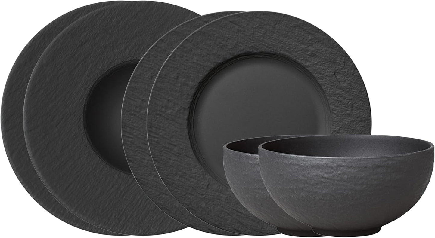 Villeroy & Boch Manufacture Rock Starter Set, 6 piezas, negro, apto para lavavajillas y microondas, vajilla negra mate, vajilla, cubiertos, porcelana premium