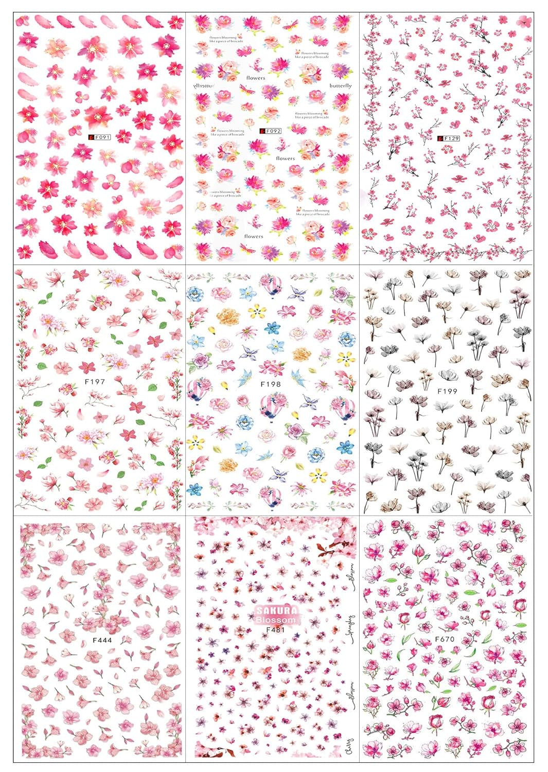 JMEOWIO Nagelsticker Frühling Blume 9 Blatt Nagelaufkleber Selbstklebend Rosa Blüte Nail Art Sticker Decoración Nageldesign Zubehör