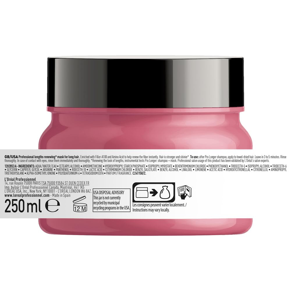 L'Oréal Professionnel Mascarilla Fortalecedora Capilar para Cabello Largo y Fino con Relleno A-100 y Aminoácidos, Serie Expert, Pro Longer Mask Mascarilla Capilar Naty Shop