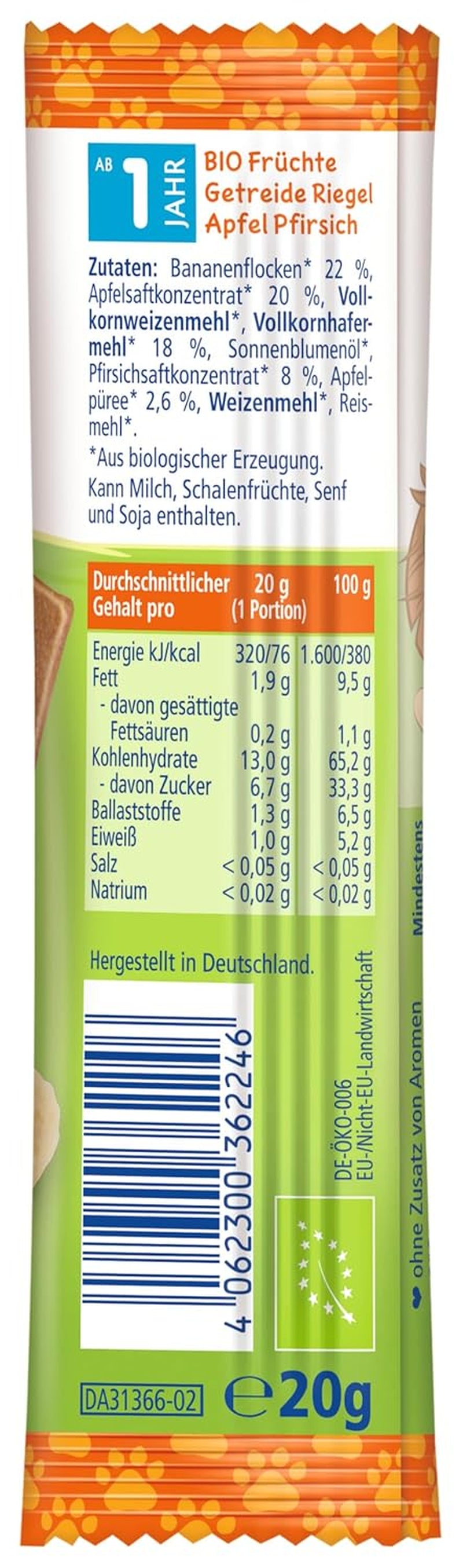 Barritas HiPP Lion Muesli con Avena Crujiente y Manzana y Melocotón (24 x 20g), a partir de 1 año, endulzadas únicamente con fruta, de la mejor calidad ecológica