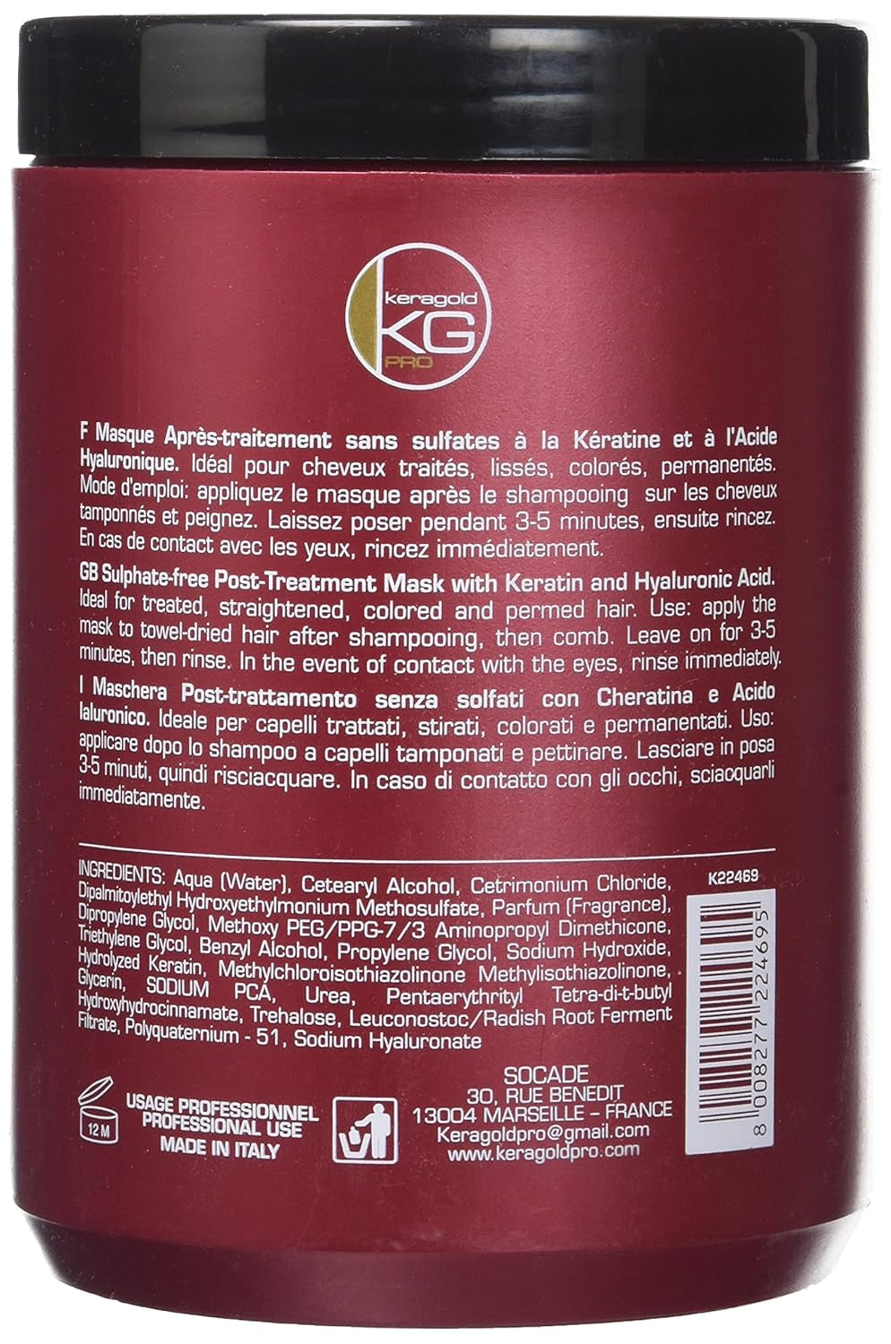 Mascarilla DD sin sulfatos, queratina/ácido hialurónico, 1 litro Mascarilla capilar Naty Shop