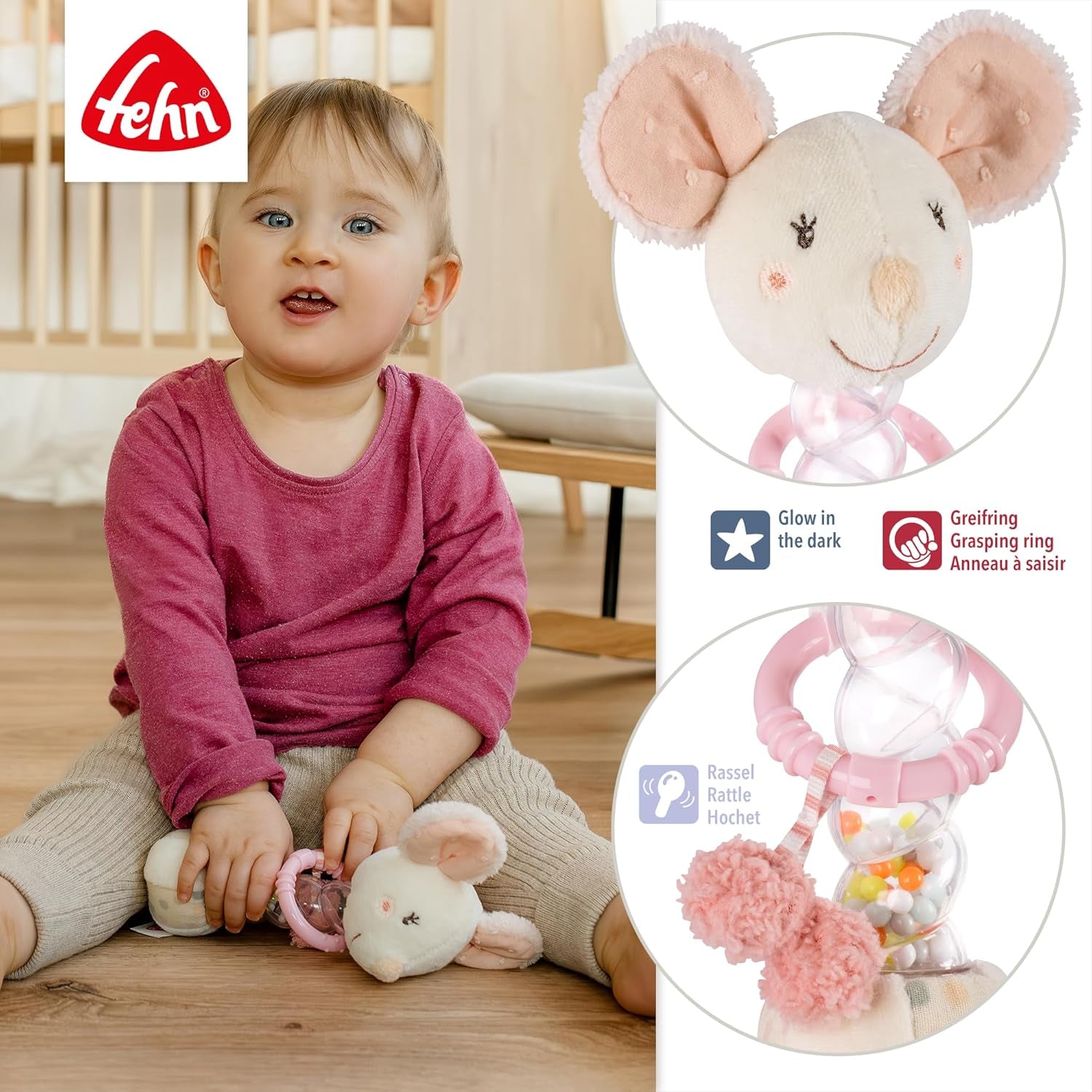 Ratón hace lluvia Fehn - juguete de motricidad con cascabel para agarrar y hacer ruidos - el palo de cascabel estimula de forma lúdica los sentidos y la motricidad - para bebés y niños pequeños a partir de 0 meses Baby Toys Naty Shop