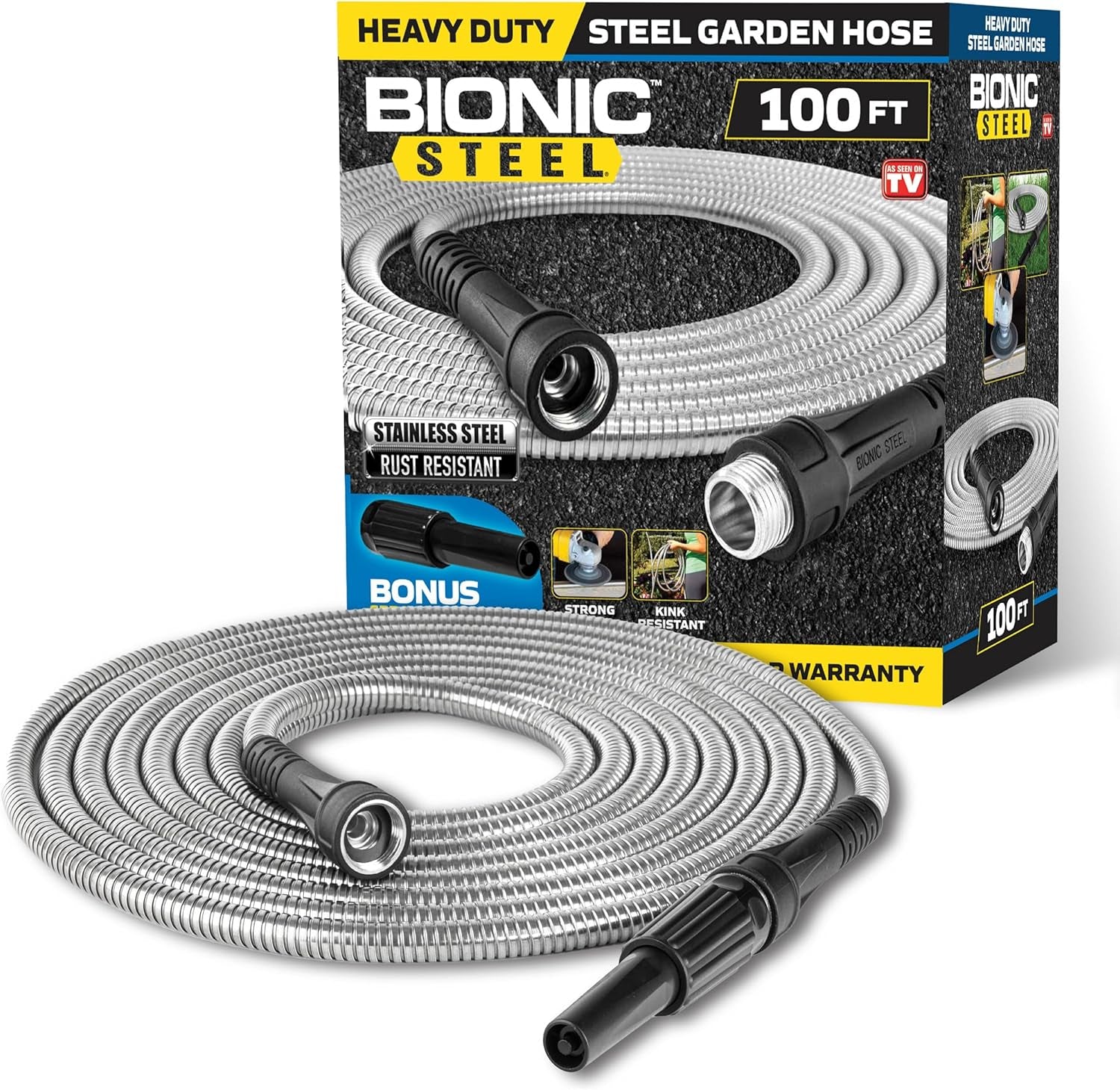 Manguera de jardín de 30 m, manguera de agua de metal de acero inoxidable 304, manguera flexible de 30 m, antitipo, ultraligera y duradera, resistente al desgarro, fácil de enrollar, 500 PSI
