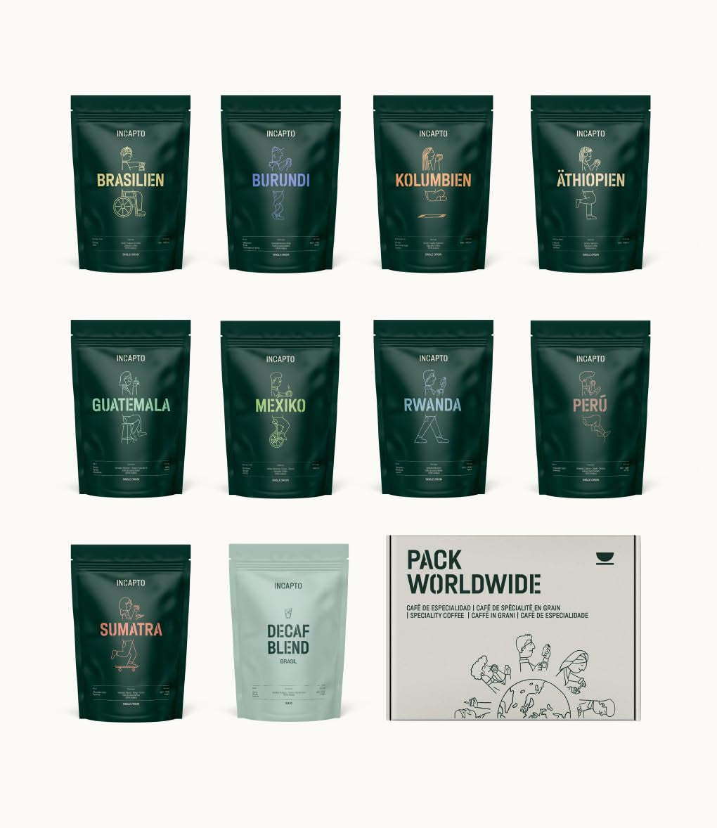 Selección de granos de café Incapto a nivel mundial | Selección de 10 orígenes de todo el mundo | Café de especialidad | 100% Arábica | Ideal como set de regalo de café | Para los amantes del café | 10 paquetes x 100g