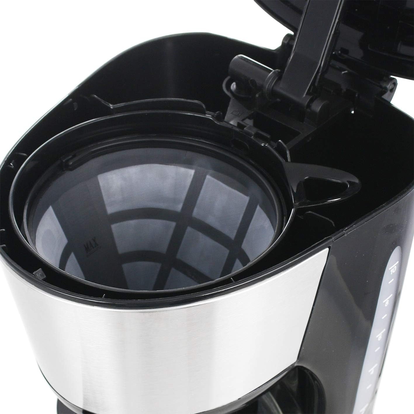 Emerio CME-122933, Cafetera de filtro, 1,25L para hasta 10 tazas de café recién hecho, filtro extraíble permanente, función antigoteo, jarra de cristal, apagado automático, 1000 vatios, negro/plateado