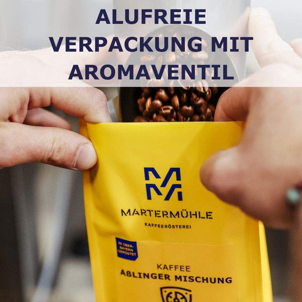 Martermühle Crema Espresso Fuerte 500g | Arábica/Robusta | Sabores: Cacao oscuro, avellana | Granos de espresso enteros ligeramente tostados, baja acidez