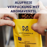 Martermühle Crema Espresso Fuerte 500g | Arábica/Robusta | Sabores: Cacao oscuro, avellana | Granos de espresso enteros ligeramente tostados, baja acidez