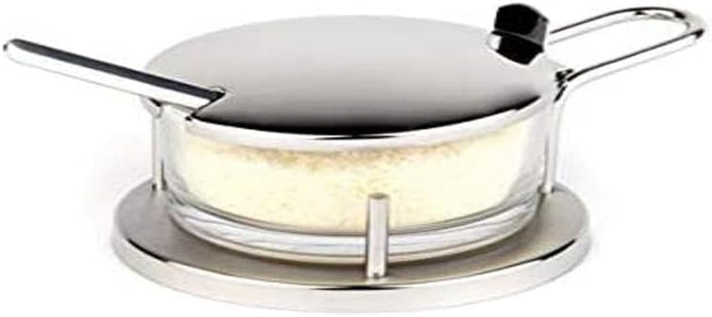 Juego de parmesano APS "Classic", cuenco para parmesano, recipiente para parmesano con cuchara, vaso transparente para parmesano en soporte de acero inoxidable, 11 x 15 cm, altura 7 cm
