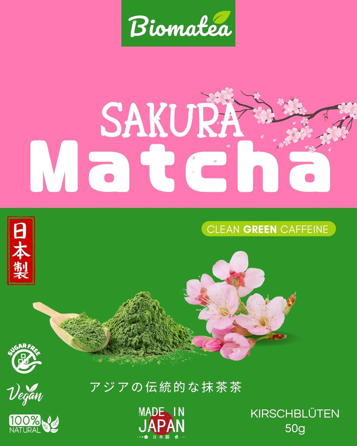 Té Sakura Matcha 50 g - Grado ceremonial de Japón - Té verde premium con polvo de flor de Sakura - Primera cosecha, molido en piedra, vegano, sin aditivos