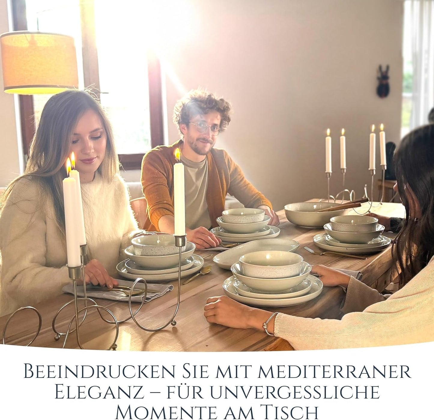 Vajilla para 12 personas de gres cerámico de 48 piezas, diseño Ibiza, GANADORA DE LA PRUEBA. Precioso juego de vajilla mediterránea de gres cerámico que incluye cuencos y platos. Juego de vajilla Pure Living, color beige.