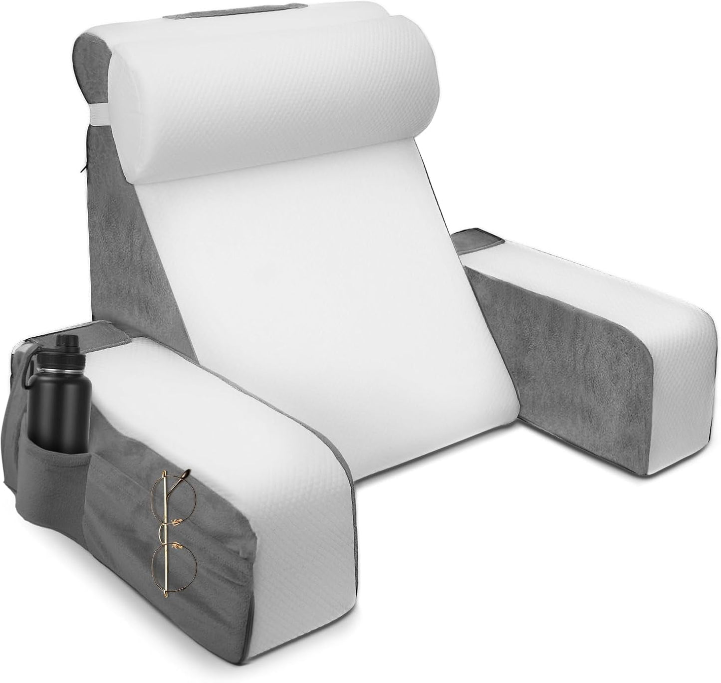 Almohada de lectura grande con soporte para el cuello y reposabrazos extraíbles, almohada de respaldo para cama, almohada de respaldo ergonómica con brazo, bolsillo y funda lavable para leer y ver televisión.