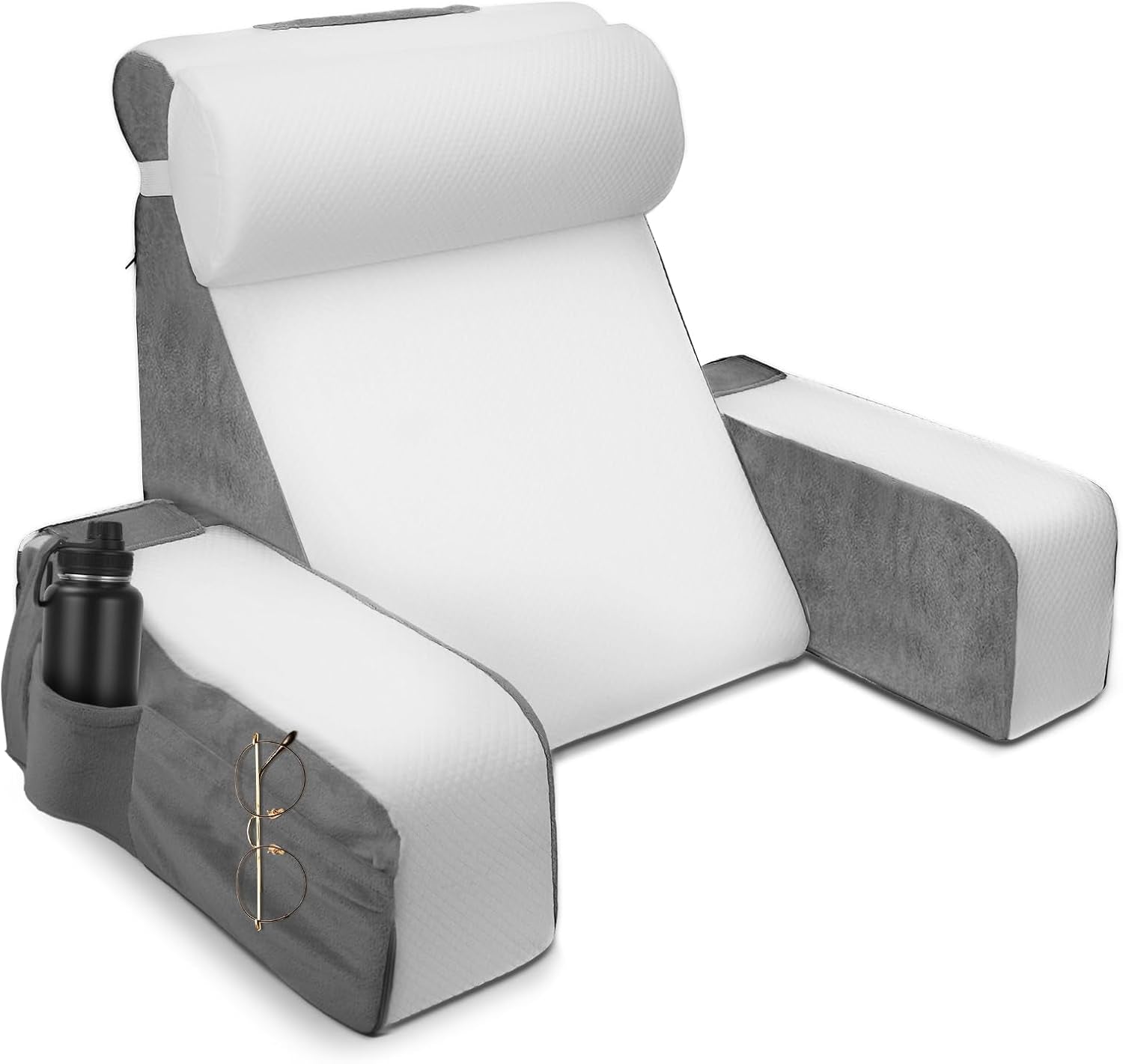 Almohada de lectura grande con soporte para el cuello y reposabrazos extraíbles, almohada de respaldo para cama, almohada de respaldo ergonómica con brazo, bolsillo y funda lavable para leer y ver televisión.