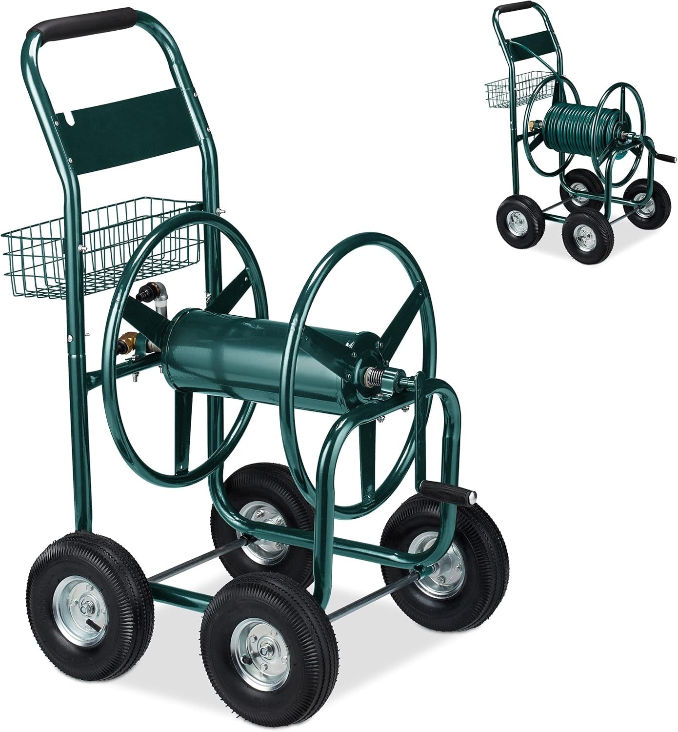 Relaxdays Carro portamangueras, hasta 90 m, 4 neumáticos, acoplamiento de clic, enrollador de mangueras de metal, distribuidor de mangueras con cesta, verde
