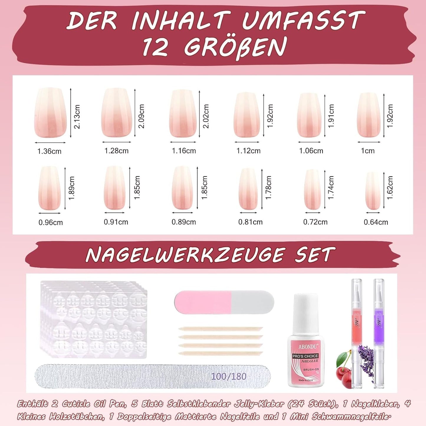 Juego de 360 ​​uñas postizas de bailarina degradada, uñas artificiales degradadas de color rosa y blanco con 2 bolígrafos de aceite de uñas, uñas postizas medianas Ombre para mujeres DIY