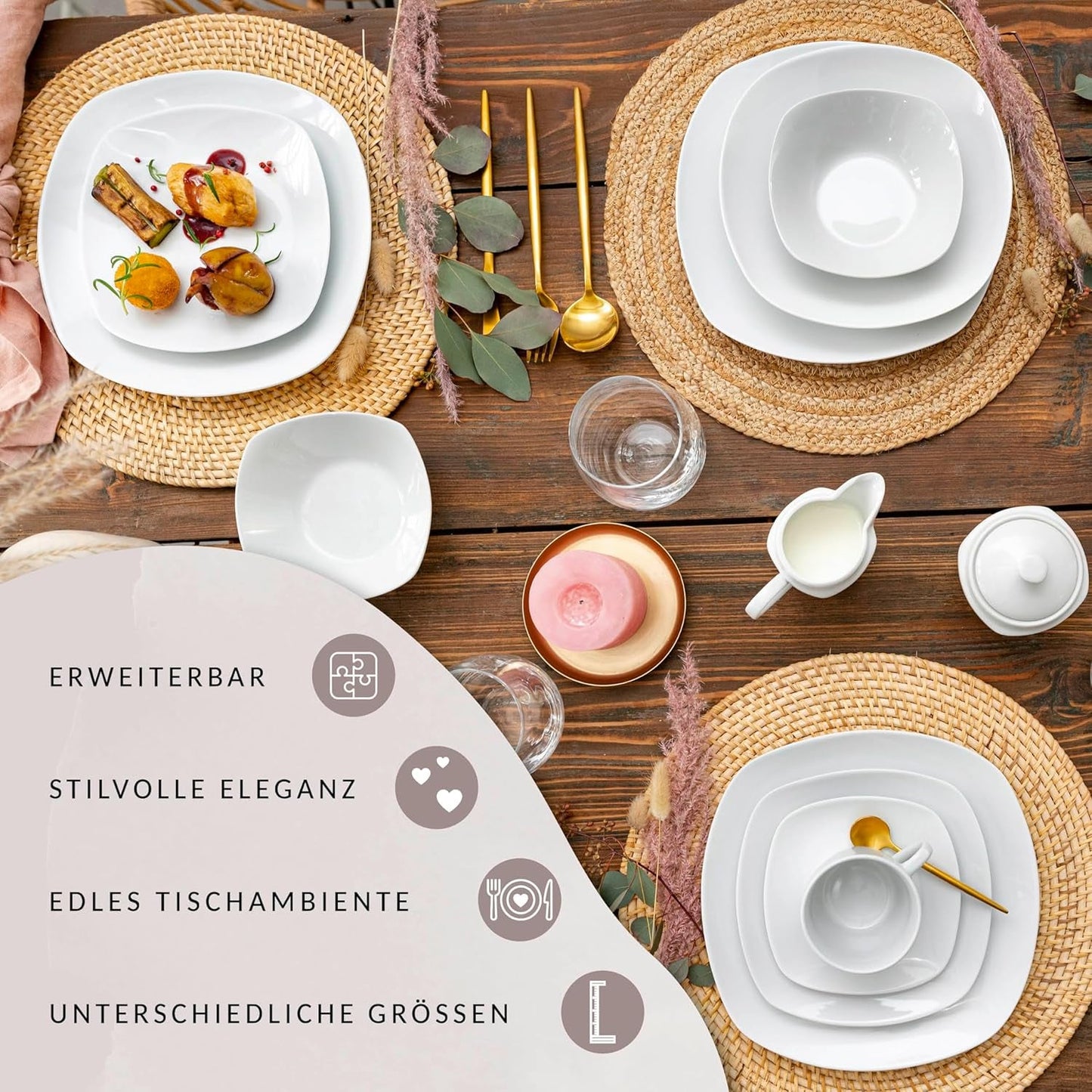 SANGER | Juego de vajilla Bilgola blanca, vajilla de porcelana de 24 piezas para 6, platos cuadrados, platos llanos | LA COLECCIÓN PREMIUM