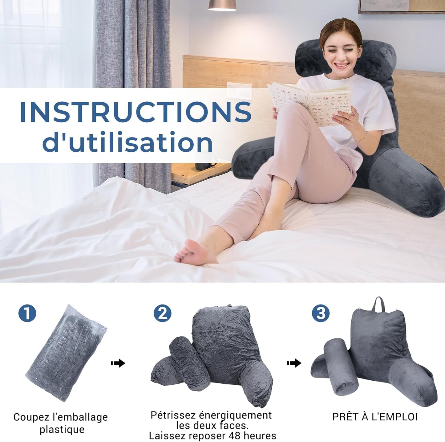 INFANTIA almohada de lectura ergonómica con reposabrazos y respaldo, grande, gris