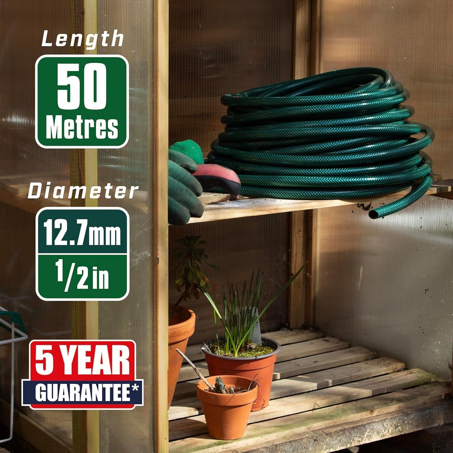 Manguera de jardín Faithfull de 50 m (164 pies) reforzada de 12,7 mm (1/2 pulgada) de diámetro - Tubería de PVC resistente, verde