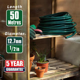 Manguera de jardín Faithfull de 50 m (164 pies) reforzada de 12,7 mm (1/2 pulgada) de diámetro - Tubería de PVC resistente, verde