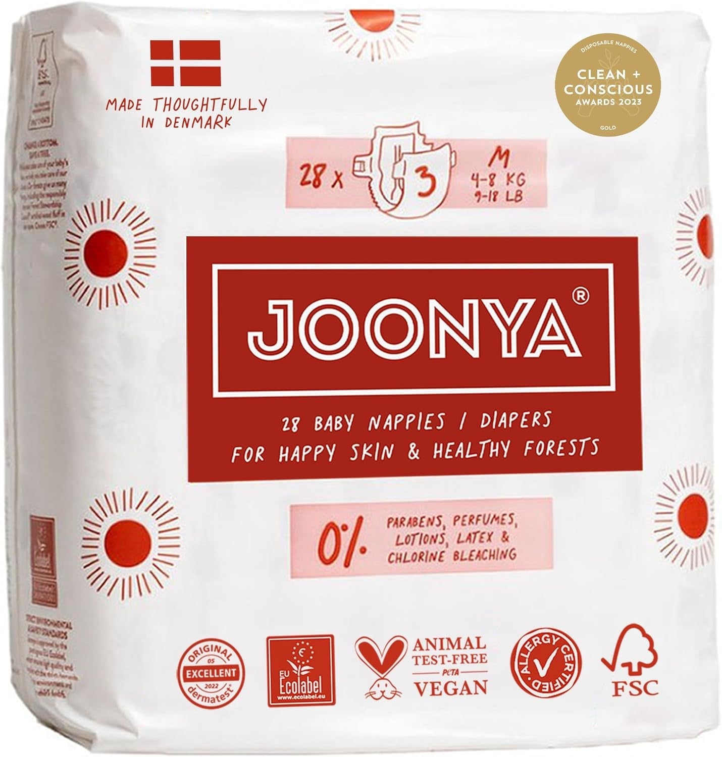 Pañales para bebé, talla 3M (4-8 kg) - 1 bolsa de 28 - Sin sustancias nocivas, ecológicos, muy absorbentes, aptos para uso nocturno, ultrafinos y suaves - Fabricado en Dinamarca