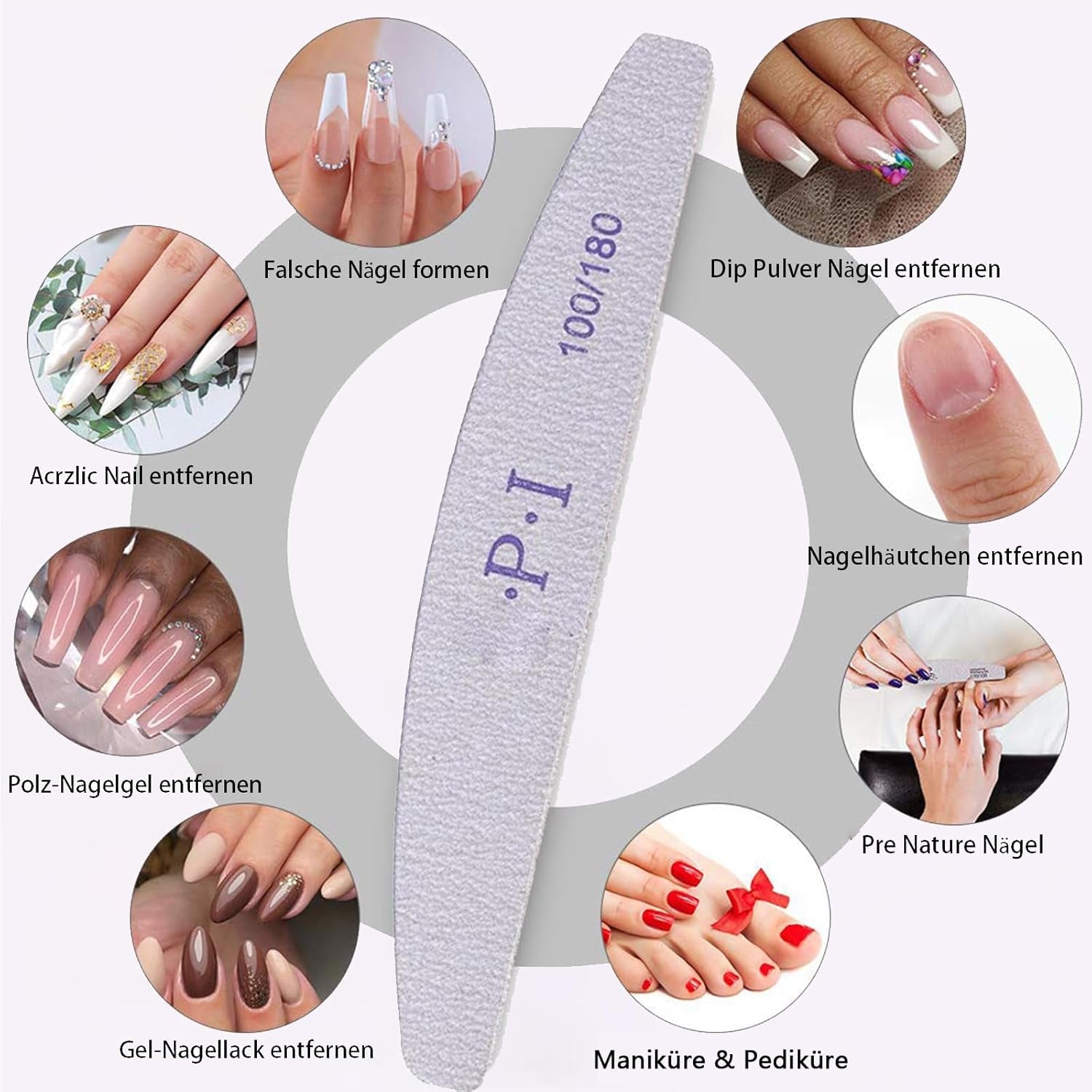 Juego de limas de uñas de 3 piezas, limas de uñas para uñas de gel, accesorios de uñas de gel resistentes al desgaste y lavables, lima de uñas profesional 100/180 con 3 formas, color blanco